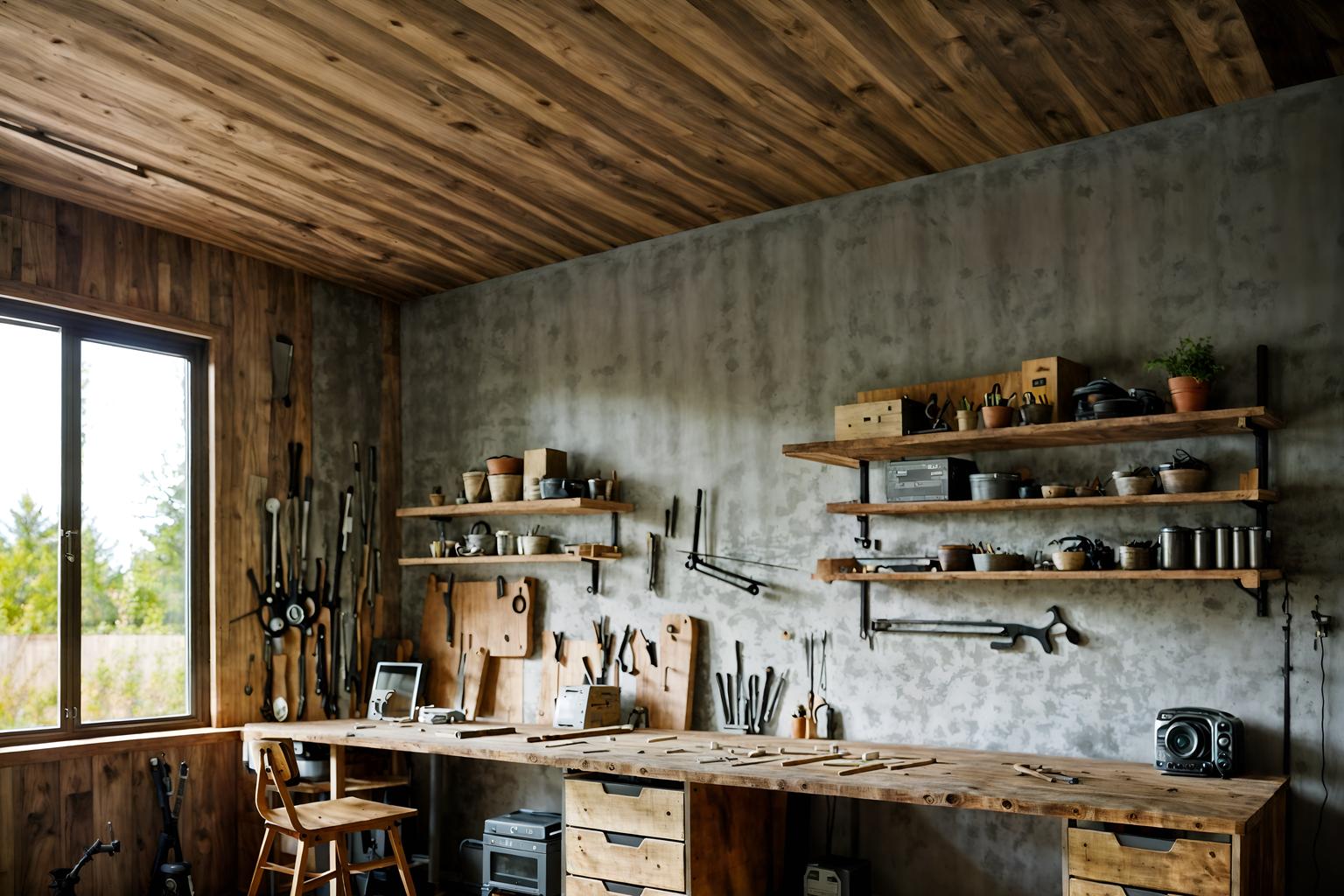 modern-style (workshop interior) with tool wall and messy and wooden workbench and tool wall. . with natural materials and elements and simple, clean lines and simplistic furniture and neutral walls and textures and practicality and functionality and open and natural lighting and natural materials and elements. . cinematic photo, highly detailed, cinematic lighting, ultra-detailed, ultrarealistic, photorealism, 8k. modern interior design style. masterpiece, cinematic light, ultrarealistic+, photorealistic+, 8k, raw photo, realistic, sharp focus on eyes, (symmetrical eyes), (intact eyes), hyperrealistic, highest quality, best quality, , highly detailed, masterpiece, best quality, extremely detailed 8k wallpaper, masterpiece, best quality, ultra-detailed, best shadow, detailed background, detailed face, detailed eyes, high contrast, best illumination, detailed face, dulux, caustic, dynamic angle, detailed glow. dramatic lighting. highly detailed, insanely detailed hair, symmetrical, intricate details, professionally retouched, 8k high definition. strong bokeh. award winning photo.