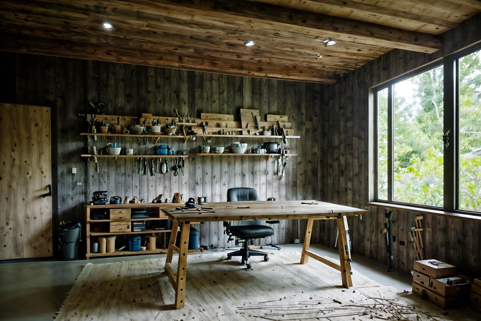 modern-style (workshop interior) with tool wall and messy and wooden workbench and tool wall. . with natural materials and elements and simple, clean lines and simplistic furniture and neutral walls and textures and practicality and functionality and open and natural lighting and natural materials and elements. . cinematic photo, highly detailed, cinematic lighting, ultra-detailed, ultrarealistic, photorealism, 8k. modern interior design style. masterpiece, cinematic light, ultrarealistic+, photorealistic+, 8k, raw photo, realistic, sharp focus on eyes, (symmetrical eyes), (intact eyes), hyperrealistic, highest quality, best quality, , highly detailed, masterpiece, best quality, extremely detailed 8k wallpaper, masterpiece, best quality, ultra-detailed, best shadow, detailed background, detailed face, detailed eyes, high contrast, best illumination, detailed face, dulux, caustic, dynamic angle, detailed glow. dramatic lighting. highly detailed, insanely detailed hair, symmetrical, intricate details, professionally retouched, 8k high definition. strong bokeh. award winning photo.