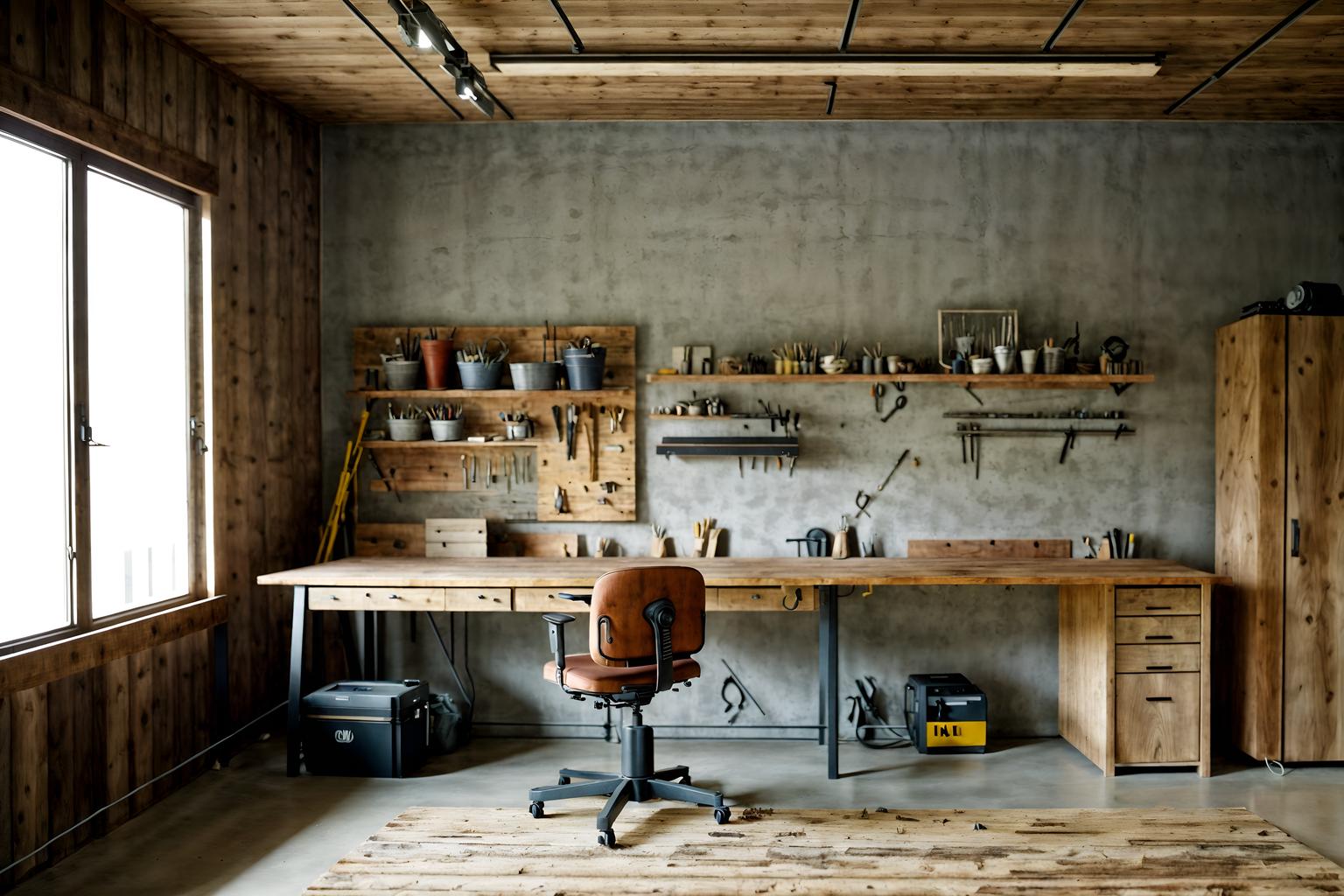 modern-style (workshop interior) with tool wall and messy and wooden workbench and tool wall. . with natural materials and elements and simple, clean lines and simplistic furniture and neutral walls and textures and practicality and functionality and open and natural lighting and natural materials and elements. . cinematic photo, highly detailed, cinematic lighting, ultra-detailed, ultrarealistic, photorealism, 8k. modern interior design style. masterpiece, cinematic light, ultrarealistic+, photorealistic+, 8k, raw photo, realistic, sharp focus on eyes, (symmetrical eyes), (intact eyes), hyperrealistic, highest quality, best quality, , highly detailed, masterpiece, best quality, extremely detailed 8k wallpaper, masterpiece, best quality, ultra-detailed, best shadow, detailed background, detailed face, detailed eyes, high contrast, best illumination, detailed face, dulux, caustic, dynamic angle, detailed glow. dramatic lighting. highly detailed, insanely detailed hair, symmetrical, intricate details, professionally retouched, 8k high definition. strong bokeh. award winning photo.