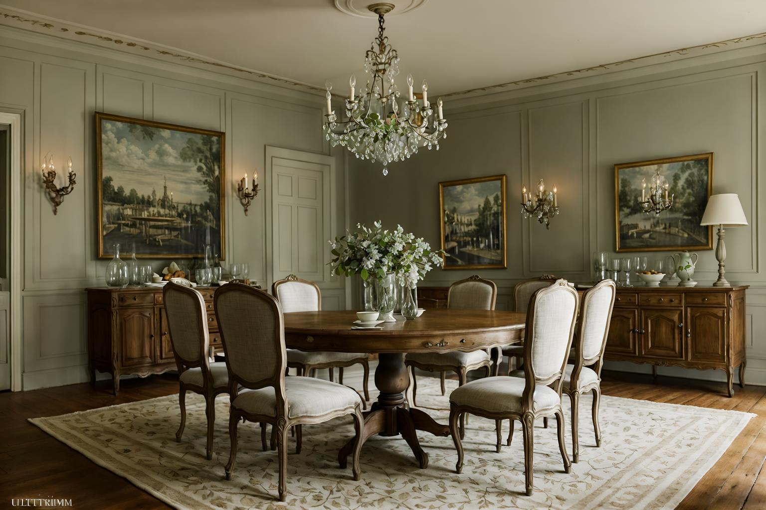 french country-style (dining room interior) with painting or photo on wall and plates, cutlery and glasses on dining table and light or chandelier and dining table chairs and plant and vase and table cloth and dining table. . with . . cinematic photo, highly detailed, cinematic lighting, ultra-detailed, ultrarealistic, photorealism, 8k. french country interior design style. masterpiece, cinematic light, ultrarealistic+, photorealistic+, 8k, raw photo, realistic, sharp focus on eyes, (symmetrical eyes), (intact eyes), hyperrealistic, highest quality, best quality, , highly detailed, masterpiece, best quality, extremely detailed 8k wallpaper, masterpiece, best quality, ultra-detailed, best shadow, detailed background, detailed face, detailed eyes, high contrast, best illumination, detailed face, dulux, caustic, dynamic angle, detailed glow. dramatic lighting. highly detailed, insanely detailed hair, symmetrical, intricate details, professionally retouched, 8k high definition. strong bokeh. award winning photo.