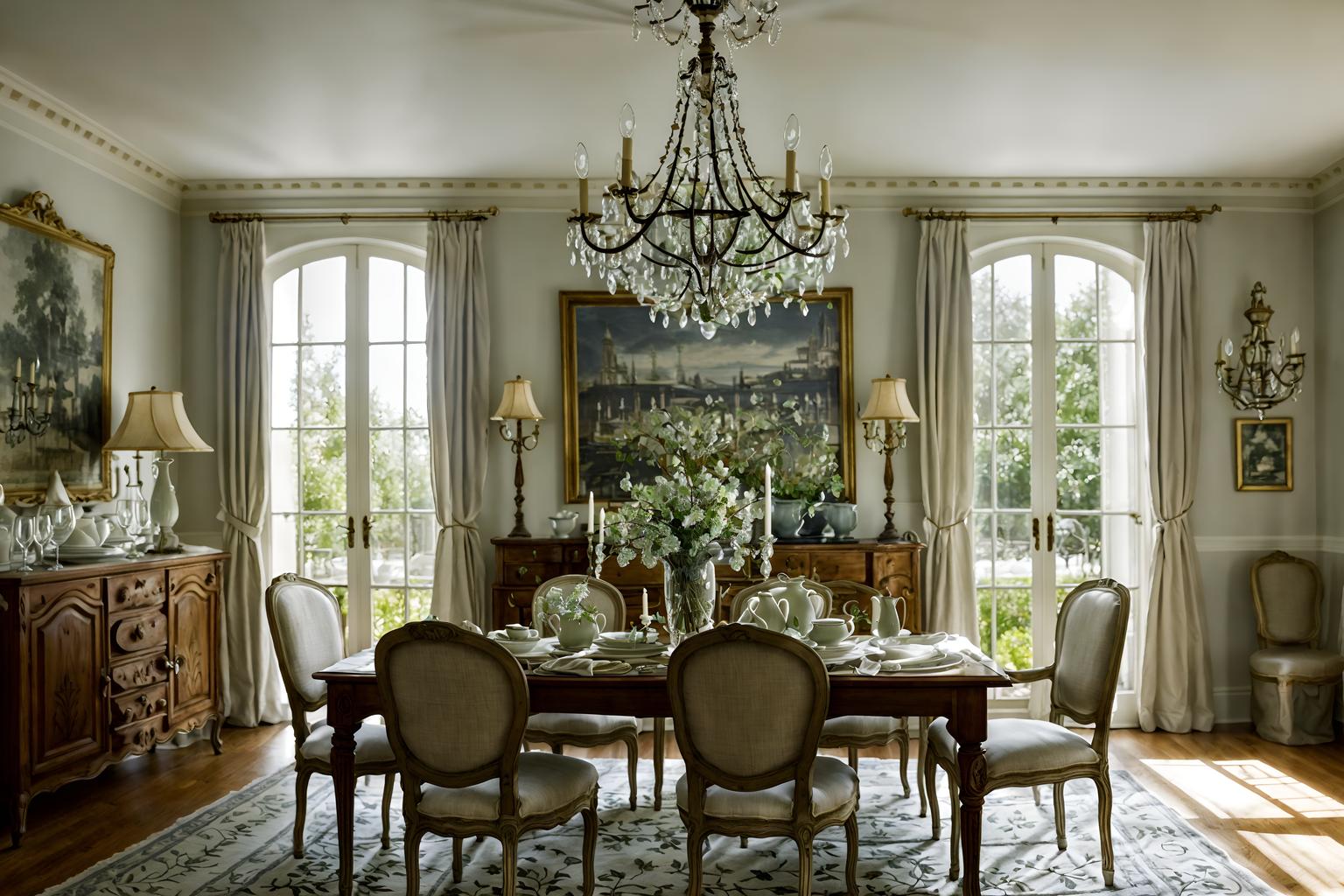 french country-style (dining room interior) with painting or photo on wall and plates, cutlery and glasses on dining table and light or chandelier and dining table chairs and plant and vase and table cloth and dining table. . with . . cinematic photo, highly detailed, cinematic lighting, ultra-detailed, ultrarealistic, photorealism, 8k. french country interior design style. masterpiece, cinematic light, ultrarealistic+, photorealistic+, 8k, raw photo, realistic, sharp focus on eyes, (symmetrical eyes), (intact eyes), hyperrealistic, highest quality, best quality, , highly detailed, masterpiece, best quality, extremely detailed 8k wallpaper, masterpiece, best quality, ultra-detailed, best shadow, detailed background, detailed face, detailed eyes, high contrast, best illumination, detailed face, dulux, caustic, dynamic angle, detailed glow. dramatic lighting. highly detailed, insanely detailed hair, symmetrical, intricate details, professionally retouched, 8k high definition. strong bokeh. award winning photo.