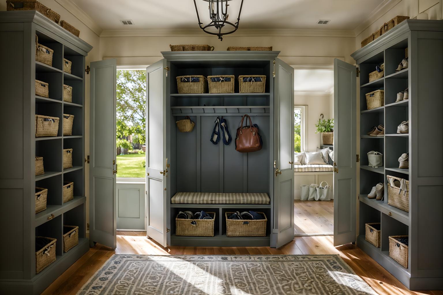 french country-style (mudroom interior) with storage drawers and cabinets and a bench and cubbies and wall hooks for coats and high up storage and shelves for shoes and storage baskets. . with . . cinematic photo, highly detailed, cinematic lighting, ultra-detailed, ultrarealistic, photorealism, 8k. french country interior design style. masterpiece, cinematic light, ultrarealistic+, photorealistic+, 8k, raw photo, realistic, sharp focus on eyes, (symmetrical eyes), (intact eyes), hyperrealistic, highest quality, best quality, , highly detailed, masterpiece, best quality, extremely detailed 8k wallpaper, masterpiece, best quality, ultra-detailed, best shadow, detailed background, detailed face, detailed eyes, high contrast, best illumination, detailed face, dulux, caustic, dynamic angle, detailed glow. dramatic lighting. highly detailed, insanely detailed hair, symmetrical, intricate details, professionally retouched, 8k high definition. strong bokeh. award winning photo.