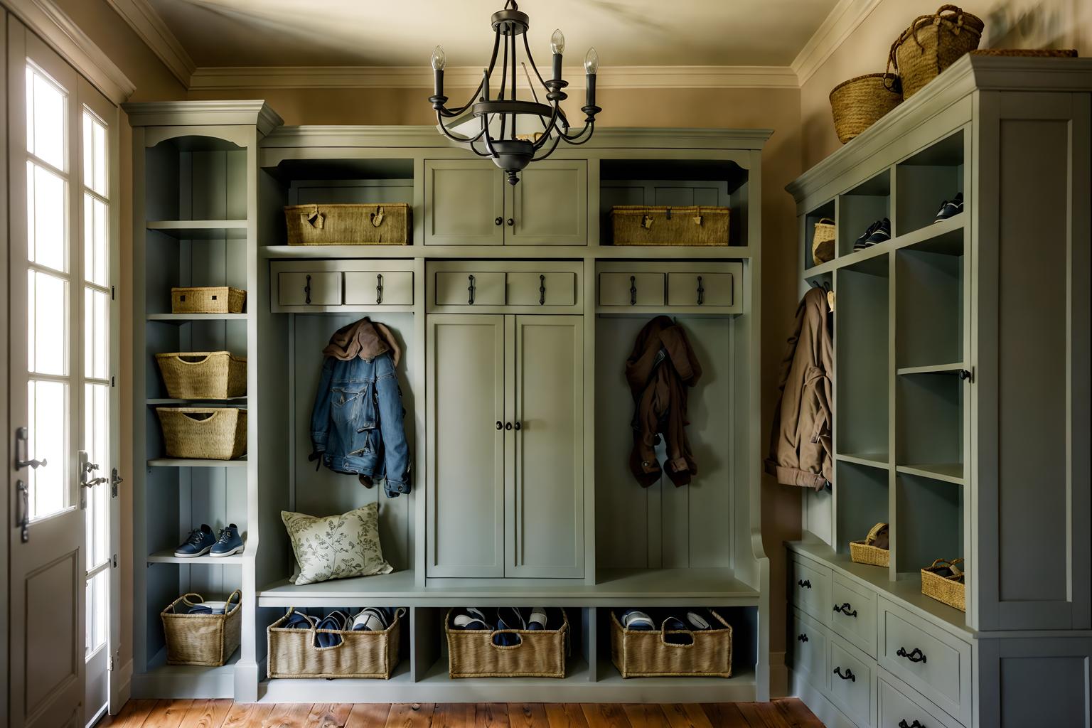 french country-style (mudroom interior) with storage drawers and cabinets and a bench and cubbies and wall hooks for coats and high up storage and shelves for shoes and storage baskets. . with . . cinematic photo, highly detailed, cinematic lighting, ultra-detailed, ultrarealistic, photorealism, 8k. french country interior design style. masterpiece, cinematic light, ultrarealistic+, photorealistic+, 8k, raw photo, realistic, sharp focus on eyes, (symmetrical eyes), (intact eyes), hyperrealistic, highest quality, best quality, , highly detailed, masterpiece, best quality, extremely detailed 8k wallpaper, masterpiece, best quality, ultra-detailed, best shadow, detailed background, detailed face, detailed eyes, high contrast, best illumination, detailed face, dulux, caustic, dynamic angle, detailed glow. dramatic lighting. highly detailed, insanely detailed hair, symmetrical, intricate details, professionally retouched, 8k high definition. strong bokeh. award winning photo.