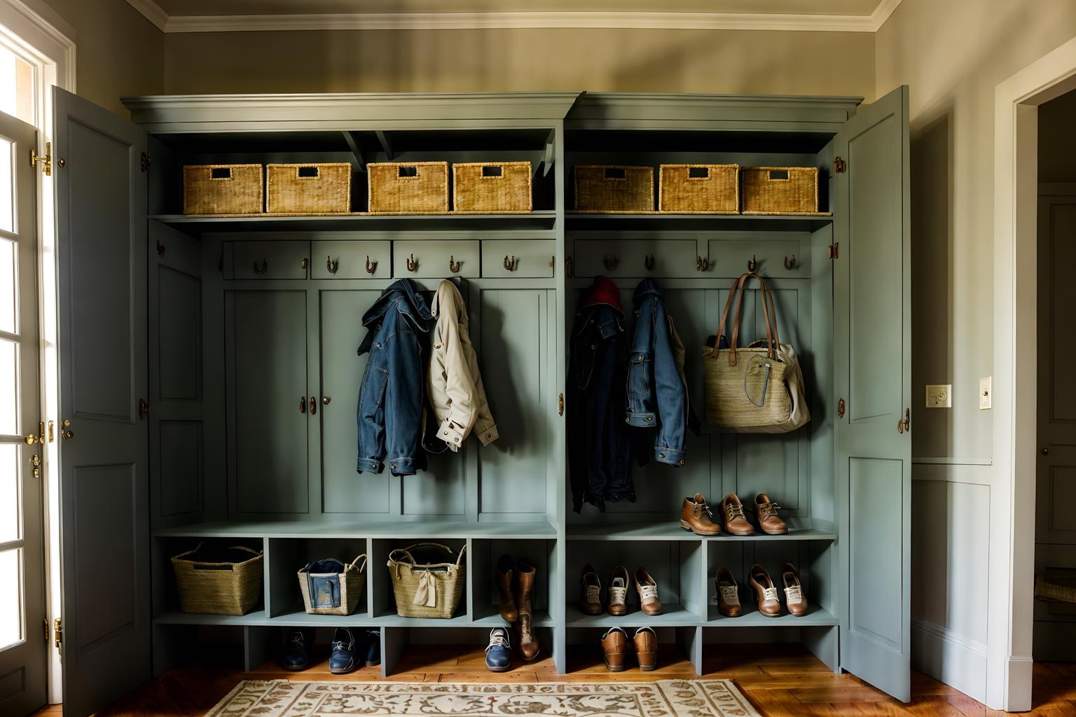 french country-style (mudroom interior) with storage drawers and cabinets and a bench and cubbies and wall hooks for coats and high up storage and shelves for shoes and storage baskets. . with . . cinematic photo, highly detailed, cinematic lighting, ultra-detailed, ultrarealistic, photorealism, 8k. french country interior design style. masterpiece, cinematic light, ultrarealistic+, photorealistic+, 8k, raw photo, realistic, sharp focus on eyes, (symmetrical eyes), (intact eyes), hyperrealistic, highest quality, best quality, , highly detailed, masterpiece, best quality, extremely detailed 8k wallpaper, masterpiece, best quality, ultra-detailed, best shadow, detailed background, detailed face, detailed eyes, high contrast, best illumination, detailed face, dulux, caustic, dynamic angle, detailed glow. dramatic lighting. highly detailed, insanely detailed hair, symmetrical, intricate details, professionally retouched, 8k high definition. strong bokeh. award winning photo.