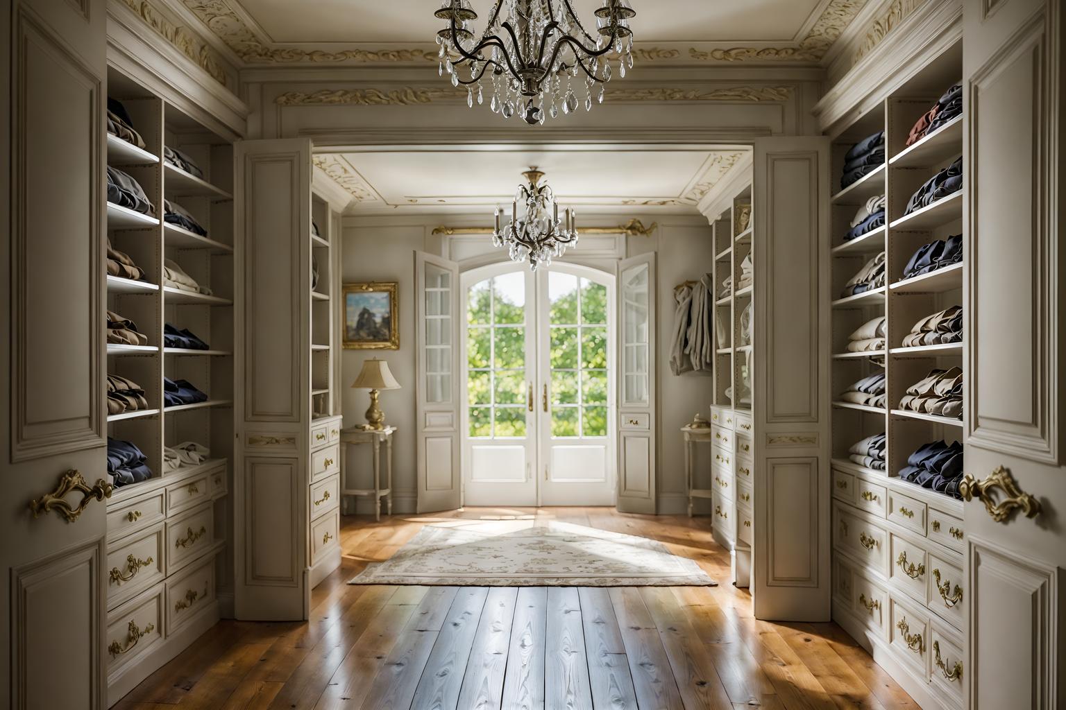 french country-style (walk in closet interior) . with . . cinematic photo, highly detailed, cinematic lighting, ultra-detailed, ultrarealistic, photorealism, 8k. french country interior design style. masterpiece, cinematic light, ultrarealistic+, photorealistic+, 8k, raw photo, realistic, sharp focus on eyes, (symmetrical eyes), (intact eyes), hyperrealistic, highest quality, best quality, , highly detailed, masterpiece, best quality, extremely detailed 8k wallpaper, masterpiece, best quality, ultra-detailed, best shadow, detailed background, detailed face, detailed eyes, high contrast, best illumination, detailed face, dulux, caustic, dynamic angle, detailed glow. dramatic lighting. highly detailed, insanely detailed hair, symmetrical, intricate details, professionally retouched, 8k high definition. strong bokeh. award winning photo.