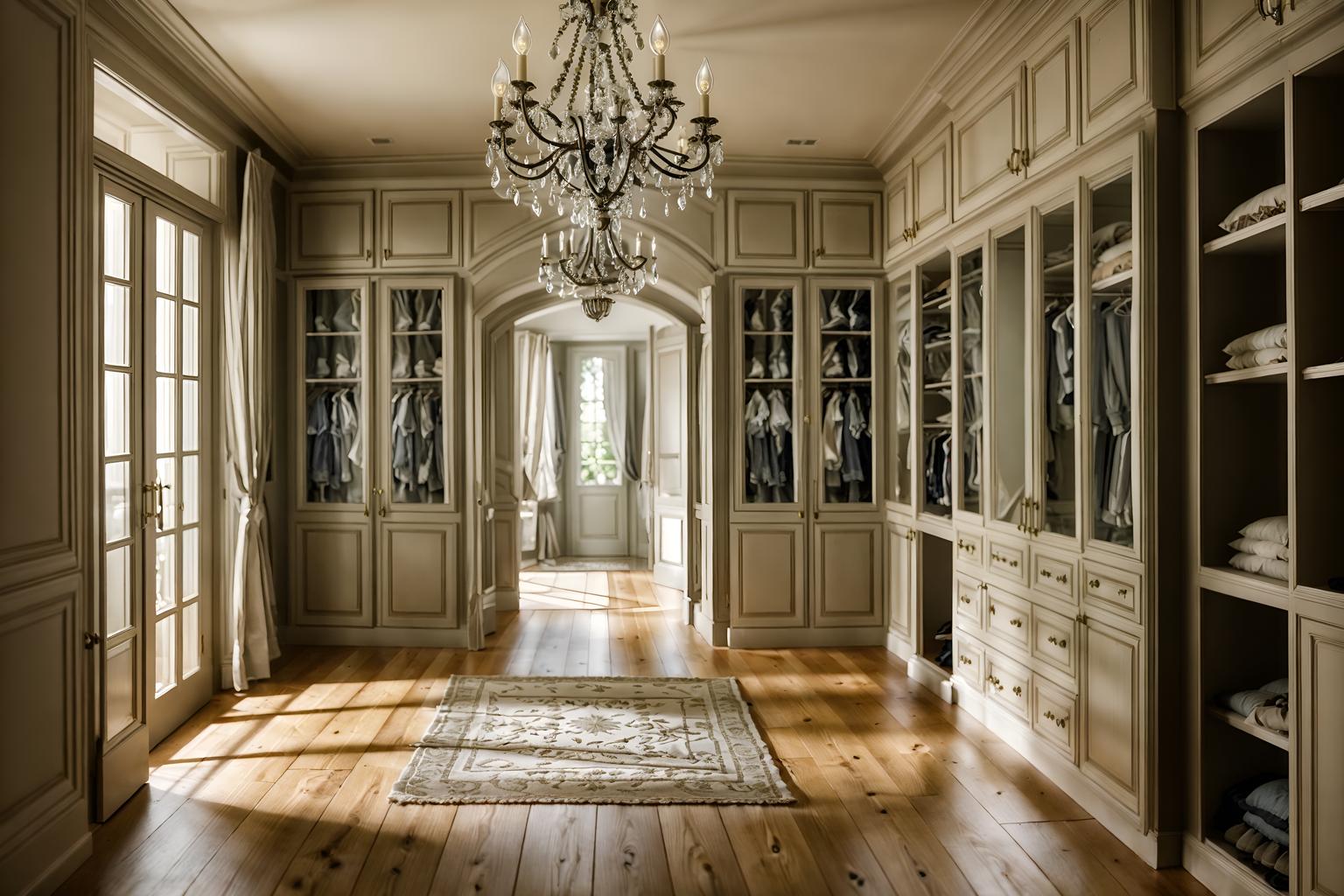 french country-style (walk in closet interior) . with . . cinematic photo, highly detailed, cinematic lighting, ultra-detailed, ultrarealistic, photorealism, 8k. french country interior design style. masterpiece, cinematic light, ultrarealistic+, photorealistic+, 8k, raw photo, realistic, sharp focus on eyes, (symmetrical eyes), (intact eyes), hyperrealistic, highest quality, best quality, , highly detailed, masterpiece, best quality, extremely detailed 8k wallpaper, masterpiece, best quality, ultra-detailed, best shadow, detailed background, detailed face, detailed eyes, high contrast, best illumination, detailed face, dulux, caustic, dynamic angle, detailed glow. dramatic lighting. highly detailed, insanely detailed hair, symmetrical, intricate details, professionally retouched, 8k high definition. strong bokeh. award winning photo.