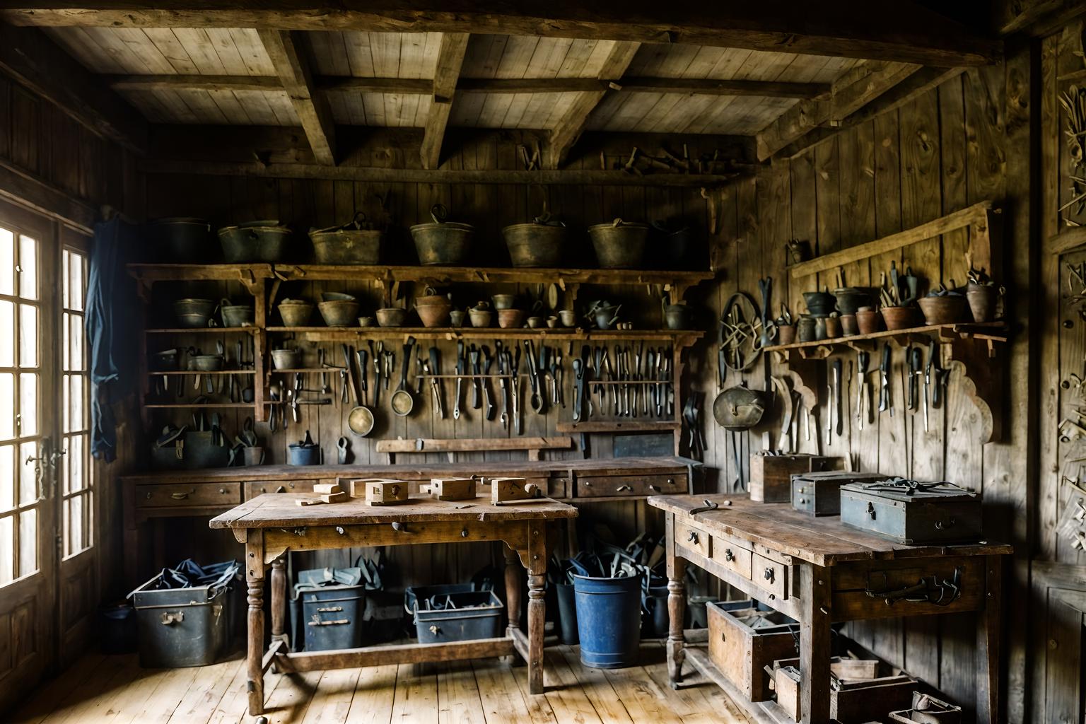 french country-style (workshop interior) with wooden workbench and messy and tool wall and wooden workbench. . with . . cinematic photo, highly detailed, cinematic lighting, ultra-detailed, ultrarealistic, photorealism, 8k. french country interior design style. masterpiece, cinematic light, ultrarealistic+, photorealistic+, 8k, raw photo, realistic, sharp focus on eyes, (symmetrical eyes), (intact eyes), hyperrealistic, highest quality, best quality, , highly detailed, masterpiece, best quality, extremely detailed 8k wallpaper, masterpiece, best quality, ultra-detailed, best shadow, detailed background, detailed face, detailed eyes, high contrast, best illumination, detailed face, dulux, caustic, dynamic angle, detailed glow. dramatic lighting. highly detailed, insanely detailed hair, symmetrical, intricate details, professionally retouched, 8k high definition. strong bokeh. award winning photo.