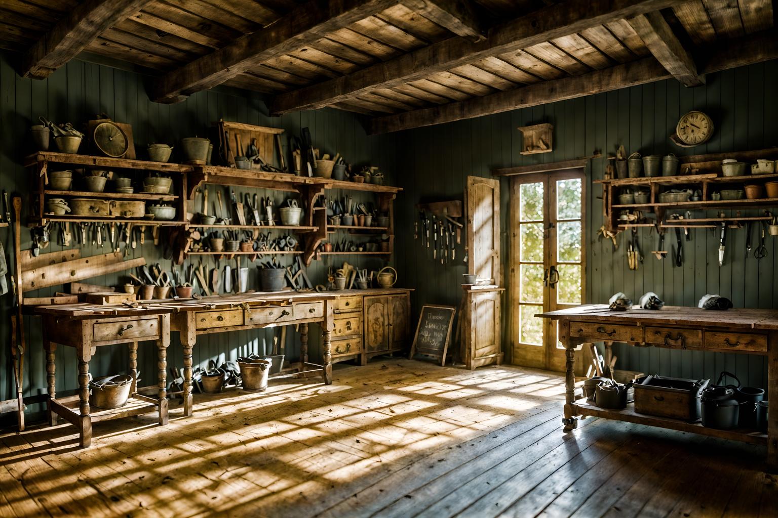 french country-style (workshop interior) with wooden workbench and messy and tool wall and wooden workbench. . with . . cinematic photo, highly detailed, cinematic lighting, ultra-detailed, ultrarealistic, photorealism, 8k. french country interior design style. masterpiece, cinematic light, ultrarealistic+, photorealistic+, 8k, raw photo, realistic, sharp focus on eyes, (symmetrical eyes), (intact eyes), hyperrealistic, highest quality, best quality, , highly detailed, masterpiece, best quality, extremely detailed 8k wallpaper, masterpiece, best quality, ultra-detailed, best shadow, detailed background, detailed face, detailed eyes, high contrast, best illumination, detailed face, dulux, caustic, dynamic angle, detailed glow. dramatic lighting. highly detailed, insanely detailed hair, symmetrical, intricate details, professionally retouched, 8k high definition. strong bokeh. award winning photo.