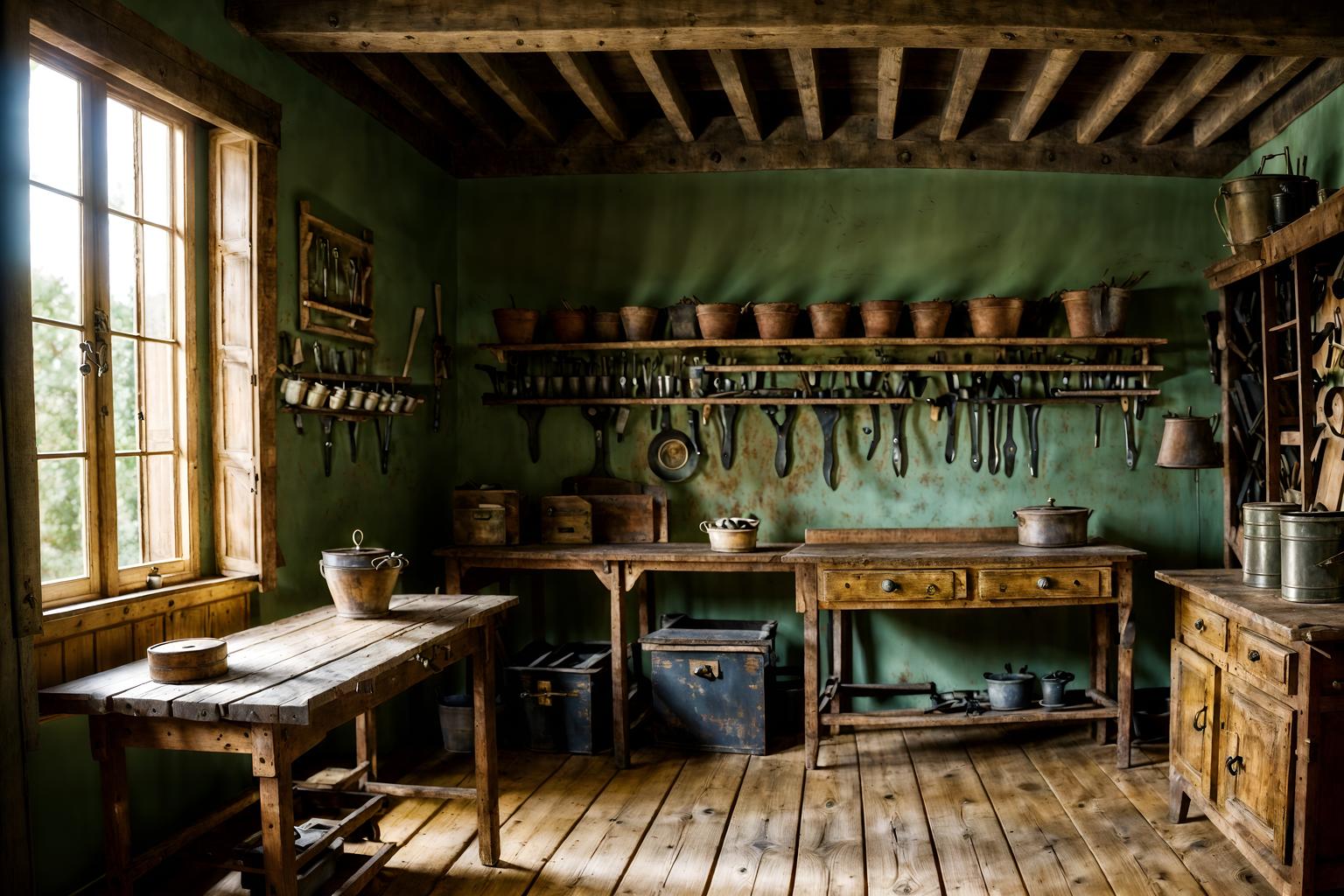 french country-style (workshop interior) with wooden workbench and messy and tool wall and wooden workbench. . with . . cinematic photo, highly detailed, cinematic lighting, ultra-detailed, ultrarealistic, photorealism, 8k. french country interior design style. masterpiece, cinematic light, ultrarealistic+, photorealistic+, 8k, raw photo, realistic, sharp focus on eyes, (symmetrical eyes), (intact eyes), hyperrealistic, highest quality, best quality, , highly detailed, masterpiece, best quality, extremely detailed 8k wallpaper, masterpiece, best quality, ultra-detailed, best shadow, detailed background, detailed face, detailed eyes, high contrast, best illumination, detailed face, dulux, caustic, dynamic angle, detailed glow. dramatic lighting. highly detailed, insanely detailed hair, symmetrical, intricate details, professionally retouched, 8k high definition. strong bokeh. award winning photo.