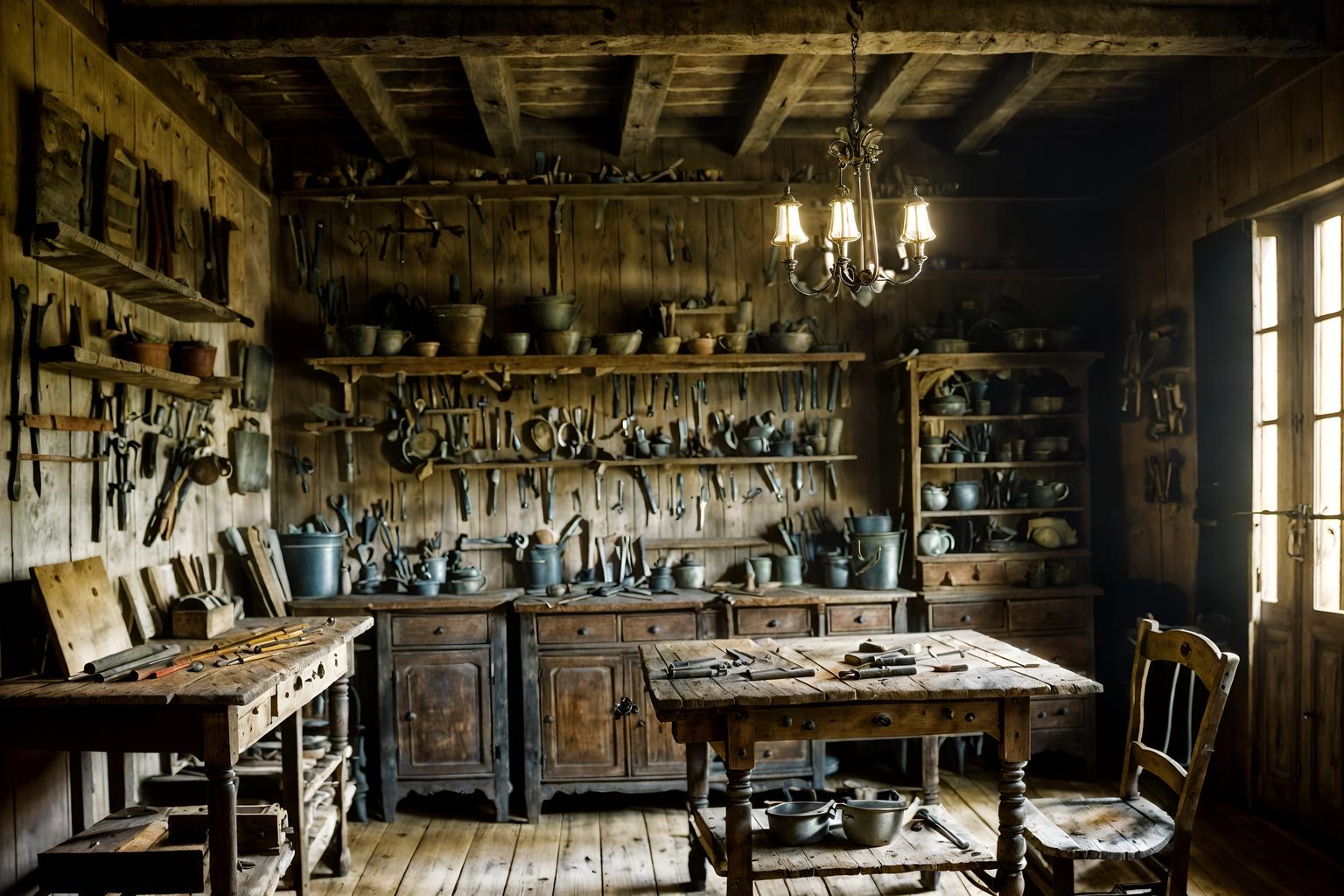 french country-style (workshop interior) with wooden workbench and messy and tool wall and wooden workbench. . with . . cinematic photo, highly detailed, cinematic lighting, ultra-detailed, ultrarealistic, photorealism, 8k. french country interior design style. masterpiece, cinematic light, ultrarealistic+, photorealistic+, 8k, raw photo, realistic, sharp focus on eyes, (symmetrical eyes), (intact eyes), hyperrealistic, highest quality, best quality, , highly detailed, masterpiece, best quality, extremely detailed 8k wallpaper, masterpiece, best quality, ultra-detailed, best shadow, detailed background, detailed face, detailed eyes, high contrast, best illumination, detailed face, dulux, caustic, dynamic angle, detailed glow. dramatic lighting. highly detailed, insanely detailed hair, symmetrical, intricate details, professionally retouched, 8k high definition. strong bokeh. award winning photo.