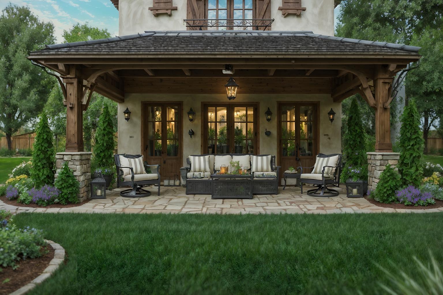 french country-style designed (outdoor patio ) with grass and barbeque or grill and deck with deck chairs and plant and patio couch with pillows and grass. . with . . cinematic photo, highly detailed, cinematic lighting, ultra-detailed, ultrarealistic, photorealism, 8k. french country design style. masterpiece, cinematic light, ultrarealistic+, photorealistic+, 8k, raw photo, realistic, sharp focus on eyes, (symmetrical eyes), (intact eyes), hyperrealistic, highest quality, best quality, , highly detailed, masterpiece, best quality, extremely detailed 8k wallpaper, masterpiece, best quality, ultra-detailed, best shadow, detailed background, detailed face, detailed eyes, high contrast, best illumination, detailed face, dulux, caustic, dynamic angle, detailed glow. dramatic lighting. highly detailed, insanely detailed hair, symmetrical, intricate details, professionally retouched, 8k high definition. strong bokeh. award winning photo.