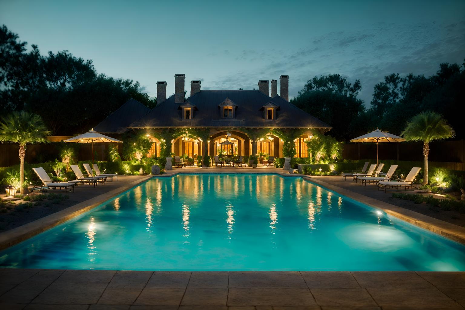 french country-style designed (outdoor pool area ) with pool lights and pool and pool lounge chairs and pool lights. . with . . cinematic photo, highly detailed, cinematic lighting, ultra-detailed, ultrarealistic, photorealism, 8k. french country design style. masterpiece, cinematic light, ultrarealistic+, photorealistic+, 8k, raw photo, realistic, sharp focus on eyes, (symmetrical eyes), (intact eyes), hyperrealistic, highest quality, best quality, , highly detailed, masterpiece, best quality, extremely detailed 8k wallpaper, masterpiece, best quality, ultra-detailed, best shadow, detailed background, detailed face, detailed eyes, high contrast, best illumination, detailed face, dulux, caustic, dynamic angle, detailed glow. dramatic lighting. highly detailed, insanely detailed hair, symmetrical, intricate details, professionally retouched, 8k high definition. strong bokeh. award winning photo.