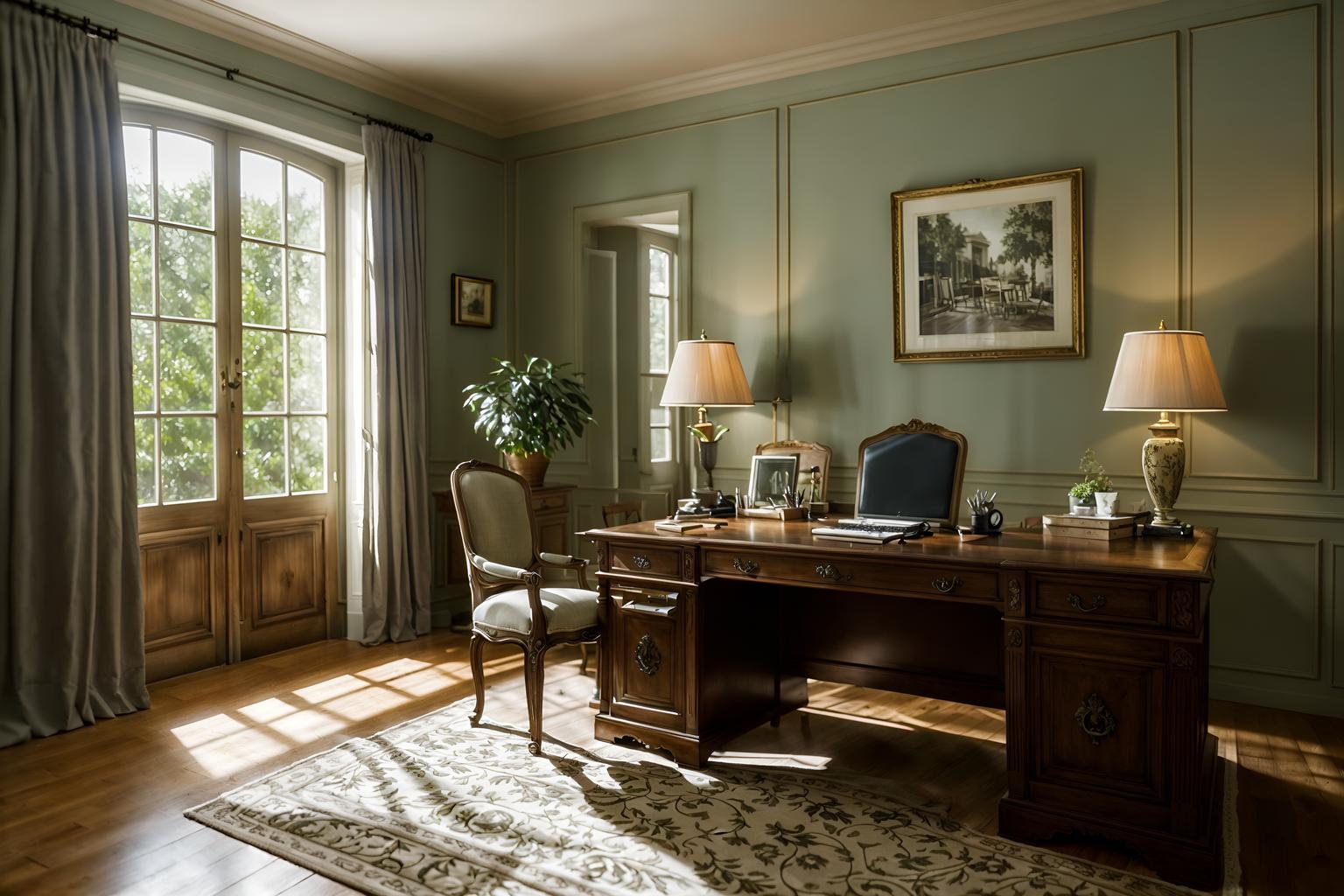 french country-style (home office interior) with office chair and cabinets and desk lamp and computer desk and plant and office chair. . with . . cinematic photo, highly detailed, cinematic lighting, ultra-detailed, ultrarealistic, photorealism, 8k. french country interior design style. masterpiece, cinematic light, ultrarealistic+, photorealistic+, 8k, raw photo, realistic, sharp focus on eyes, (symmetrical eyes), (intact eyes), hyperrealistic, highest quality, best quality, , highly detailed, masterpiece, best quality, extremely detailed 8k wallpaper, masterpiece, best quality, ultra-detailed, best shadow, detailed background, detailed face, detailed eyes, high contrast, best illumination, detailed face, dulux, caustic, dynamic angle, detailed glow. dramatic lighting. highly detailed, insanely detailed hair, symmetrical, intricate details, professionally retouched, 8k high definition. strong bokeh. award winning photo.