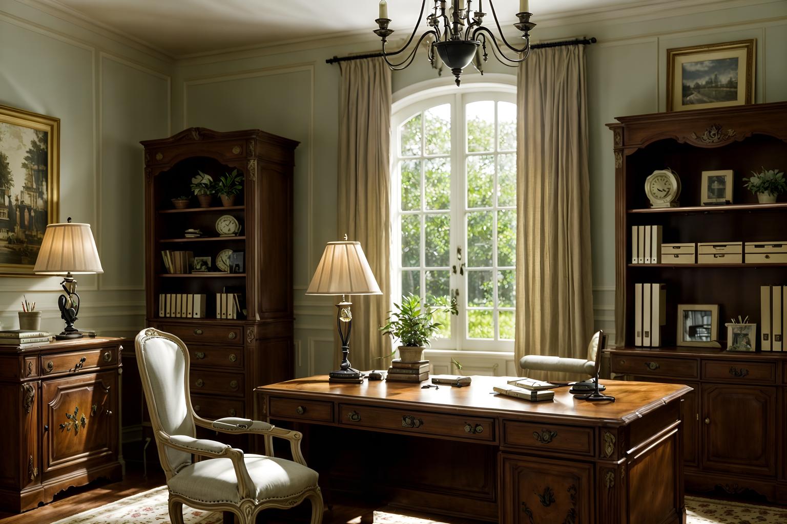 french country-style (home office interior) with office chair and cabinets and desk lamp and computer desk and plant and office chair. . with . . cinematic photo, highly detailed, cinematic lighting, ultra-detailed, ultrarealistic, photorealism, 8k. french country interior design style. masterpiece, cinematic light, ultrarealistic+, photorealistic+, 8k, raw photo, realistic, sharp focus on eyes, (symmetrical eyes), (intact eyes), hyperrealistic, highest quality, best quality, , highly detailed, masterpiece, best quality, extremely detailed 8k wallpaper, masterpiece, best quality, ultra-detailed, best shadow, detailed background, detailed face, detailed eyes, high contrast, best illumination, detailed face, dulux, caustic, dynamic angle, detailed glow. dramatic lighting. highly detailed, insanely detailed hair, symmetrical, intricate details, professionally retouched, 8k high definition. strong bokeh. award winning photo.