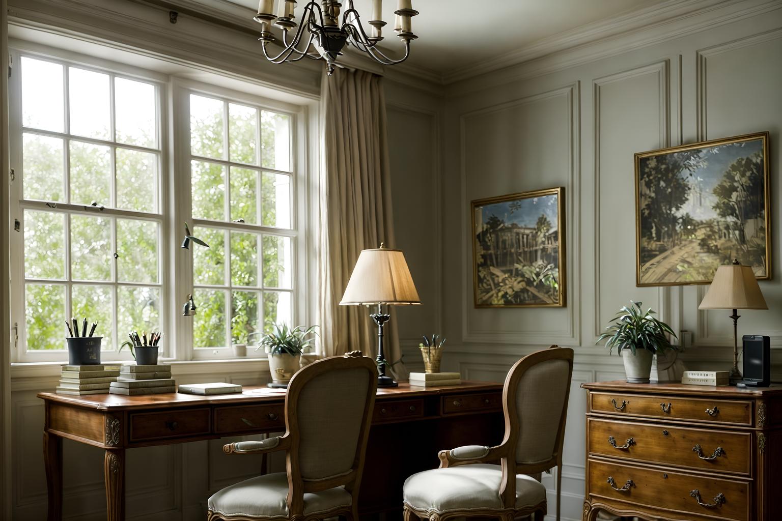 french country-style (home office interior) with office chair and cabinets and desk lamp and computer desk and plant and office chair. . with . . cinematic photo, highly detailed, cinematic lighting, ultra-detailed, ultrarealistic, photorealism, 8k. french country interior design style. masterpiece, cinematic light, ultrarealistic+, photorealistic+, 8k, raw photo, realistic, sharp focus on eyes, (symmetrical eyes), (intact eyes), hyperrealistic, highest quality, best quality, , highly detailed, masterpiece, best quality, extremely detailed 8k wallpaper, masterpiece, best quality, ultra-detailed, best shadow, detailed background, detailed face, detailed eyes, high contrast, best illumination, detailed face, dulux, caustic, dynamic angle, detailed glow. dramatic lighting. highly detailed, insanely detailed hair, symmetrical, intricate details, professionally retouched, 8k high definition. strong bokeh. award winning photo.