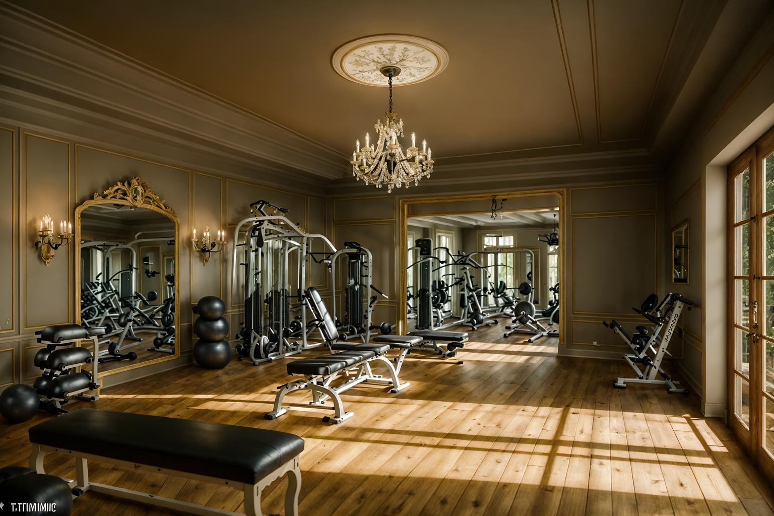 french country-style (fitness gym interior) with exercise bicycle and bench press and crosstrainer and squat rack and dumbbell stand and exercise bicycle. . with . . cinematic photo, highly detailed, cinematic lighting, ultra-detailed, ultrarealistic, photorealism, 8k. french country interior design style. masterpiece, cinematic light, ultrarealistic+, photorealistic+, 8k, raw photo, realistic, sharp focus on eyes, (symmetrical eyes), (intact eyes), hyperrealistic, highest quality, best quality, , highly detailed, masterpiece, best quality, extremely detailed 8k wallpaper, masterpiece, best quality, ultra-detailed, best shadow, detailed background, detailed face, detailed eyes, high contrast, best illumination, detailed face, dulux, caustic, dynamic angle, detailed glow. dramatic lighting. highly detailed, insanely detailed hair, symmetrical, intricate details, professionally retouched, 8k high definition. strong bokeh. award winning photo.