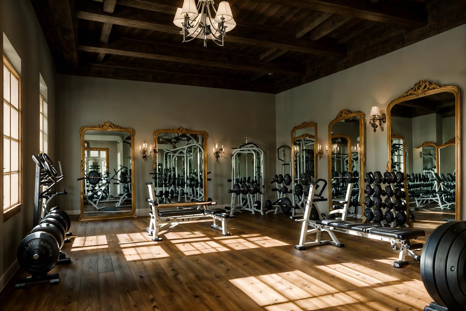 french country-style (fitness gym interior) with exercise bicycle and bench press and crosstrainer and squat rack and dumbbell stand and exercise bicycle. . with . . cinematic photo, highly detailed, cinematic lighting, ultra-detailed, ultrarealistic, photorealism, 8k. french country interior design style. masterpiece, cinematic light, ultrarealistic+, photorealistic+, 8k, raw photo, realistic, sharp focus on eyes, (symmetrical eyes), (intact eyes), hyperrealistic, highest quality, best quality, , highly detailed, masterpiece, best quality, extremely detailed 8k wallpaper, masterpiece, best quality, ultra-detailed, best shadow, detailed background, detailed face, detailed eyes, high contrast, best illumination, detailed face, dulux, caustic, dynamic angle, detailed glow. dramatic lighting. highly detailed, insanely detailed hair, symmetrical, intricate details, professionally retouched, 8k high definition. strong bokeh. award winning photo.