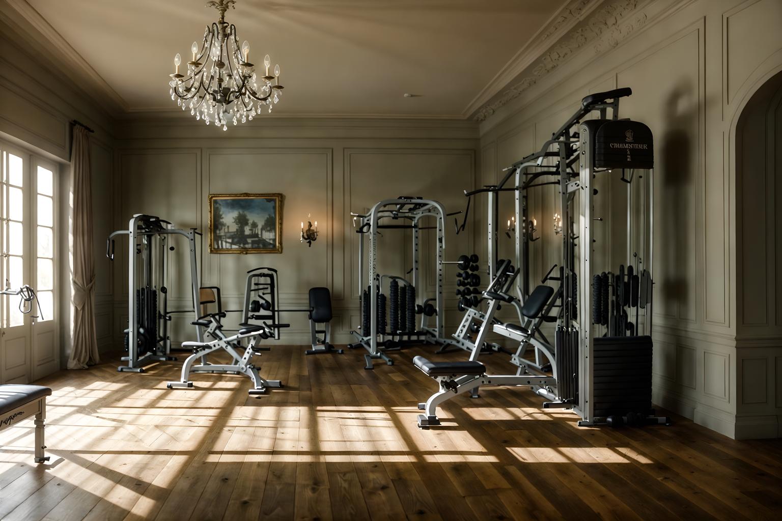 french country-style (fitness gym interior) with exercise bicycle and bench press and crosstrainer and squat rack and dumbbell stand and exercise bicycle. . with . . cinematic photo, highly detailed, cinematic lighting, ultra-detailed, ultrarealistic, photorealism, 8k. french country interior design style. masterpiece, cinematic light, ultrarealistic+, photorealistic+, 8k, raw photo, realistic, sharp focus on eyes, (symmetrical eyes), (intact eyes), hyperrealistic, highest quality, best quality, , highly detailed, masterpiece, best quality, extremely detailed 8k wallpaper, masterpiece, best quality, ultra-detailed, best shadow, detailed background, detailed face, detailed eyes, high contrast, best illumination, detailed face, dulux, caustic, dynamic angle, detailed glow. dramatic lighting. highly detailed, insanely detailed hair, symmetrical, intricate details, professionally retouched, 8k high definition. strong bokeh. award winning photo.