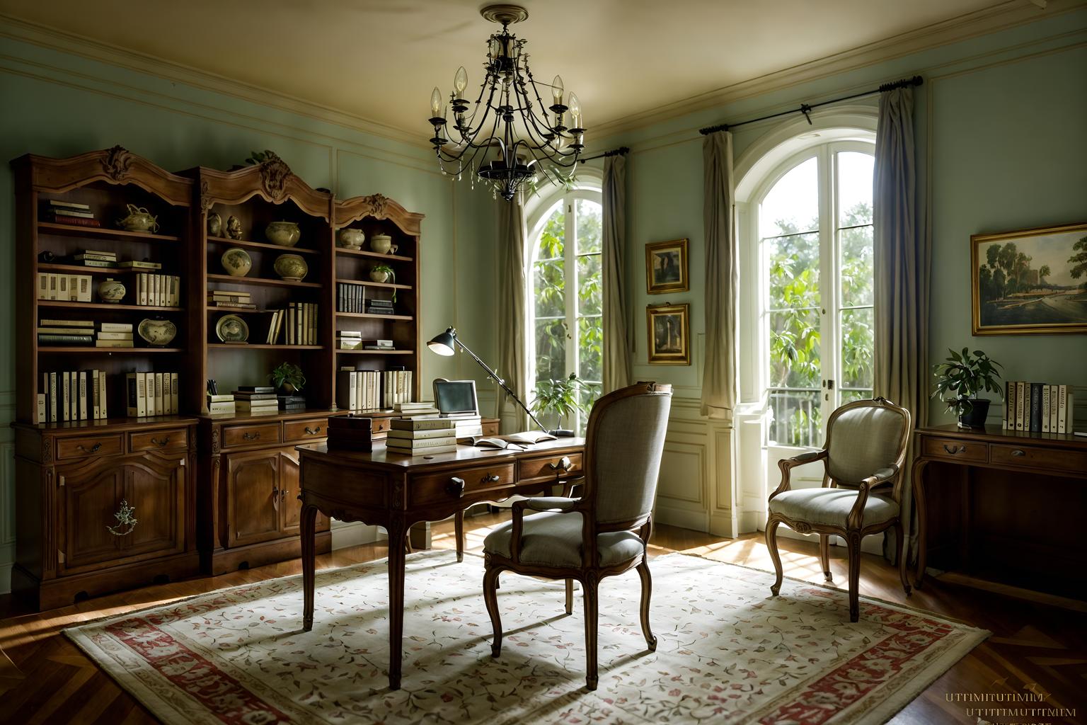french country-style (study room interior) with office chair and plant and writing desk and cabinets and desk lamp and bookshelves and lounge chair and office chair. . with . . cinematic photo, highly detailed, cinematic lighting, ultra-detailed, ultrarealistic, photorealism, 8k. french country interior design style. masterpiece, cinematic light, ultrarealistic+, photorealistic+, 8k, raw photo, realistic, sharp focus on eyes, (symmetrical eyes), (intact eyes), hyperrealistic, highest quality, best quality, , highly detailed, masterpiece, best quality, extremely detailed 8k wallpaper, masterpiece, best quality, ultra-detailed, best shadow, detailed background, detailed face, detailed eyes, high contrast, best illumination, detailed face, dulux, caustic, dynamic angle, detailed glow. dramatic lighting. highly detailed, insanely detailed hair, symmetrical, intricate details, professionally retouched, 8k high definition. strong bokeh. award winning photo.