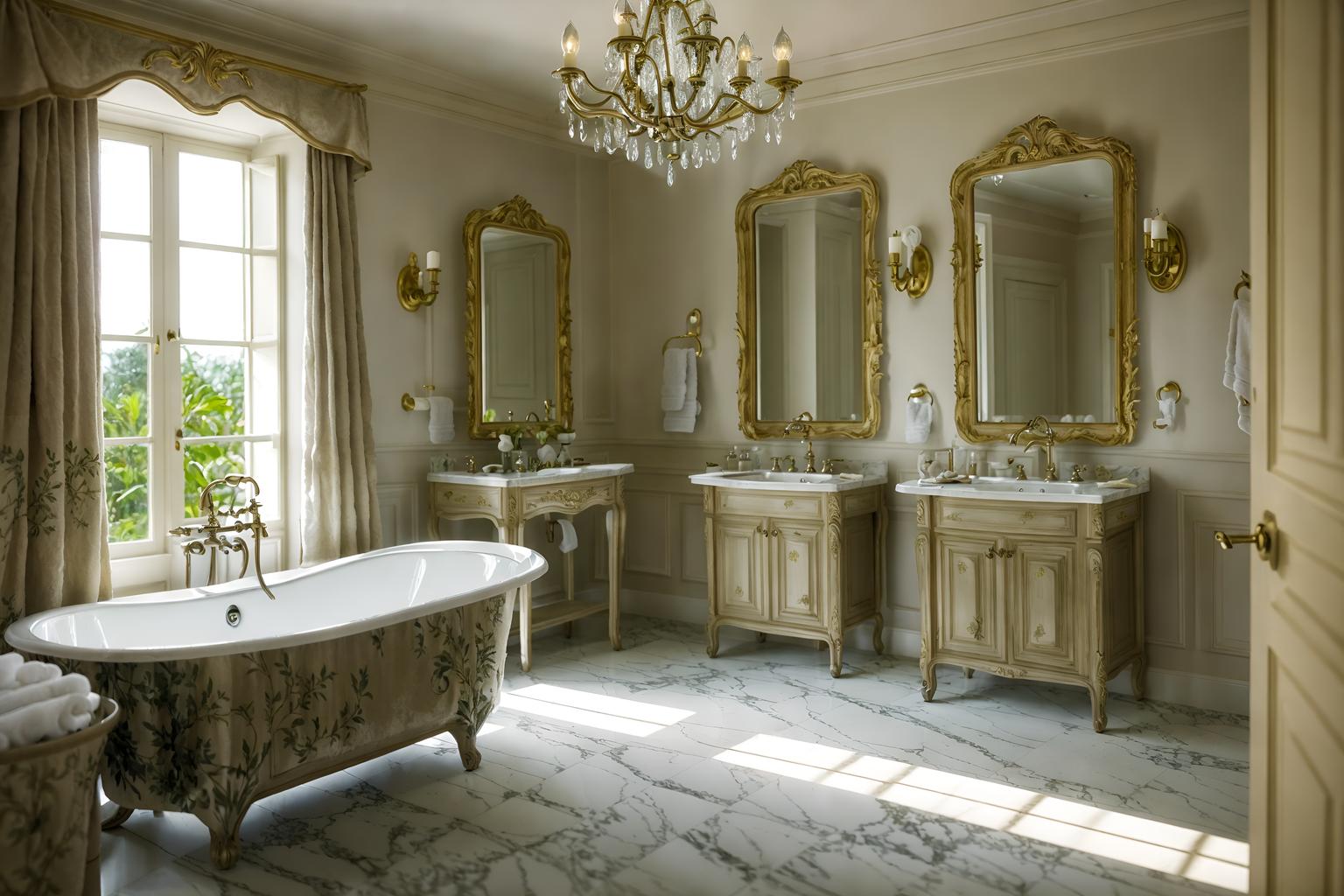 french country-style (hotel bathroom interior) with shower and bathtub and bathroom sink with faucet and waste basket and mirror and bathroom cabinet and plant and toilet seat. . with . . cinematic photo, highly detailed, cinematic lighting, ultra-detailed, ultrarealistic, photorealism, 8k. french country interior design style. masterpiece, cinematic light, ultrarealistic+, photorealistic+, 8k, raw photo, realistic, sharp focus on eyes, (symmetrical eyes), (intact eyes), hyperrealistic, highest quality, best quality, , highly detailed, masterpiece, best quality, extremely detailed 8k wallpaper, masterpiece, best quality, ultra-detailed, best shadow, detailed background, detailed face, detailed eyes, high contrast, best illumination, detailed face, dulux, caustic, dynamic angle, detailed glow. dramatic lighting. highly detailed, insanely detailed hair, symmetrical, intricate details, professionally retouched, 8k high definition. strong bokeh. award winning photo.