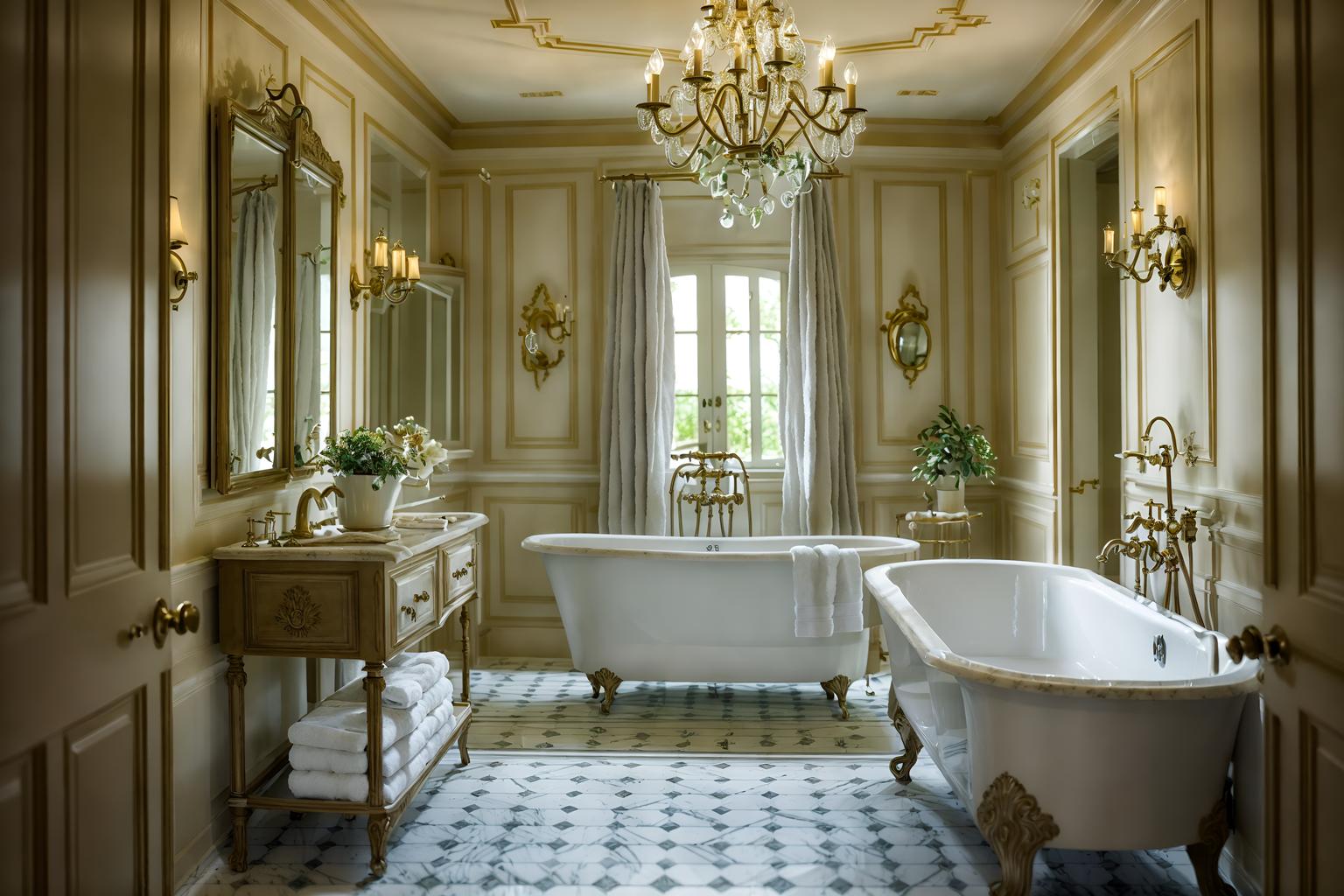 french country-style (hotel bathroom interior) with shower and bathtub and bathroom sink with faucet and waste basket and mirror and bathroom cabinet and plant and toilet seat. . with . . cinematic photo, highly detailed, cinematic lighting, ultra-detailed, ultrarealistic, photorealism, 8k. french country interior design style. masterpiece, cinematic light, ultrarealistic+, photorealistic+, 8k, raw photo, realistic, sharp focus on eyes, (symmetrical eyes), (intact eyes), hyperrealistic, highest quality, best quality, , highly detailed, masterpiece, best quality, extremely detailed 8k wallpaper, masterpiece, best quality, ultra-detailed, best shadow, detailed background, detailed face, detailed eyes, high contrast, best illumination, detailed face, dulux, caustic, dynamic angle, detailed glow. dramatic lighting. highly detailed, insanely detailed hair, symmetrical, intricate details, professionally retouched, 8k high definition. strong bokeh. award winning photo.