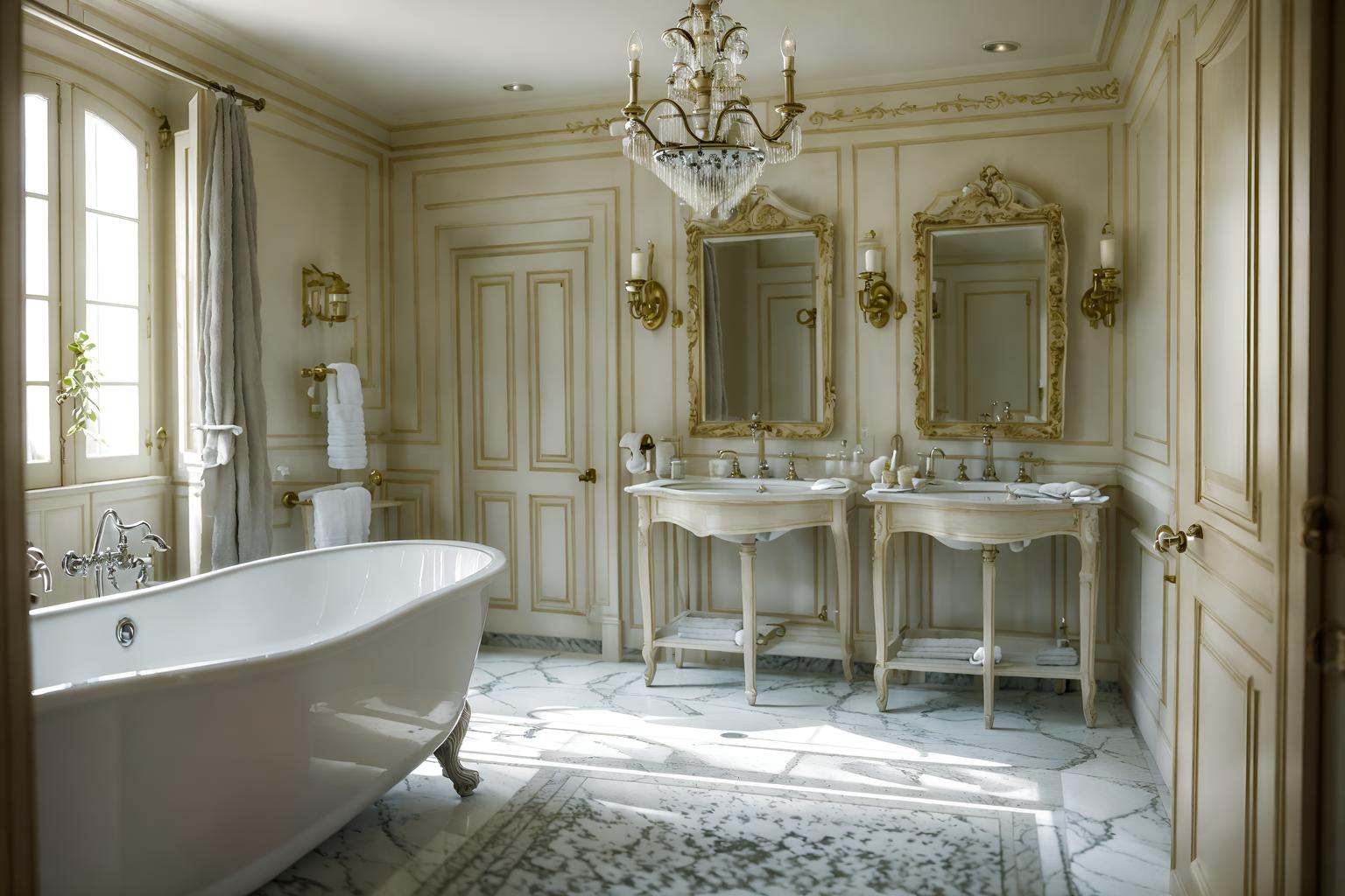 french country-style (hotel bathroom interior) with shower and bathtub and bathroom sink with faucet and waste basket and mirror and bathroom cabinet and plant and toilet seat. . with . . cinematic photo, highly detailed, cinematic lighting, ultra-detailed, ultrarealistic, photorealism, 8k. french country interior design style. masterpiece, cinematic light, ultrarealistic+, photorealistic+, 8k, raw photo, realistic, sharp focus on eyes, (symmetrical eyes), (intact eyes), hyperrealistic, highest quality, best quality, , highly detailed, masterpiece, best quality, extremely detailed 8k wallpaper, masterpiece, best quality, ultra-detailed, best shadow, detailed background, detailed face, detailed eyes, high contrast, best illumination, detailed face, dulux, caustic, dynamic angle, detailed glow. dramatic lighting. highly detailed, insanely detailed hair, symmetrical, intricate details, professionally retouched, 8k high definition. strong bokeh. award winning photo.