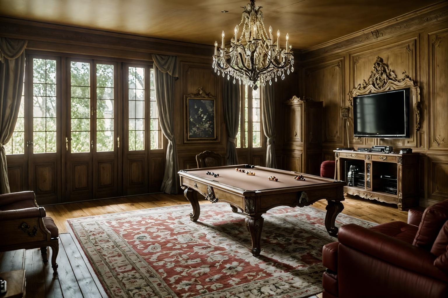 french country-style (gaming room interior) . with . . cinematic photo, highly detailed, cinematic lighting, ultra-detailed, ultrarealistic, photorealism, 8k. french country interior design style. masterpiece, cinematic light, ultrarealistic+, photorealistic+, 8k, raw photo, realistic, sharp focus on eyes, (symmetrical eyes), (intact eyes), hyperrealistic, highest quality, best quality, , highly detailed, masterpiece, best quality, extremely detailed 8k wallpaper, masterpiece, best quality, ultra-detailed, best shadow, detailed background, detailed face, detailed eyes, high contrast, best illumination, detailed face, dulux, caustic, dynamic angle, detailed glow. dramatic lighting. highly detailed, insanely detailed hair, symmetrical, intricate details, professionally retouched, 8k high definition. strong bokeh. award winning photo.