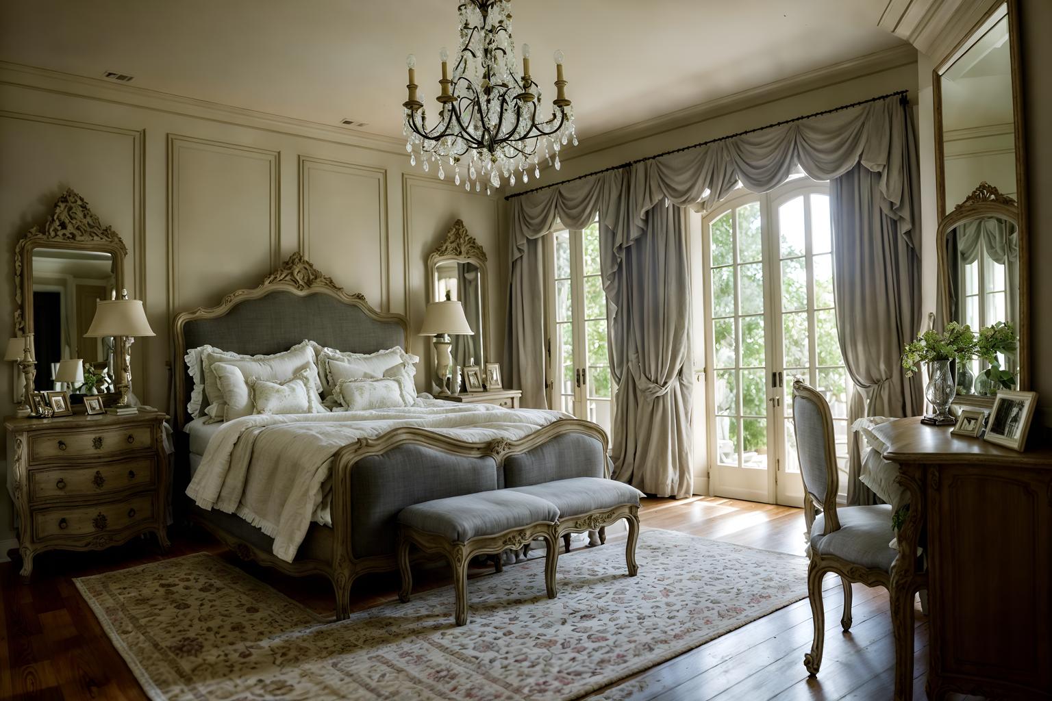 french country-style (bedroom interior) with dresser closet and bed and bedside table or night stand and plant and headboard and accent chair and storage bench or ottoman and mirror. . with . . cinematic photo, highly detailed, cinematic lighting, ultra-detailed, ultrarealistic, photorealism, 8k. french country interior design style. masterpiece, cinematic light, ultrarealistic+, photorealistic+, 8k, raw photo, realistic, sharp focus on eyes, (symmetrical eyes), (intact eyes), hyperrealistic, highest quality, best quality, , highly detailed, masterpiece, best quality, extremely detailed 8k wallpaper, masterpiece, best quality, ultra-detailed, best shadow, detailed background, detailed face, detailed eyes, high contrast, best illumination, detailed face, dulux, caustic, dynamic angle, detailed glow. dramatic lighting. highly detailed, insanely detailed hair, symmetrical, intricate details, professionally retouched, 8k high definition. strong bokeh. award winning photo.