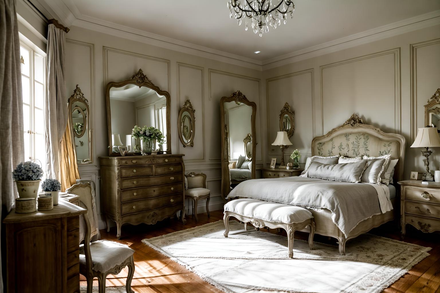 french country-style (bedroom interior) with dresser closet and bed and bedside table or night stand and plant and headboard and accent chair and storage bench or ottoman and mirror. . with . . cinematic photo, highly detailed, cinematic lighting, ultra-detailed, ultrarealistic, photorealism, 8k. french country interior design style. masterpiece, cinematic light, ultrarealistic+, photorealistic+, 8k, raw photo, realistic, sharp focus on eyes, (symmetrical eyes), (intact eyes), hyperrealistic, highest quality, best quality, , highly detailed, masterpiece, best quality, extremely detailed 8k wallpaper, masterpiece, best quality, ultra-detailed, best shadow, detailed background, detailed face, detailed eyes, high contrast, best illumination, detailed face, dulux, caustic, dynamic angle, detailed glow. dramatic lighting. highly detailed, insanely detailed hair, symmetrical, intricate details, professionally retouched, 8k high definition. strong bokeh. award winning photo.