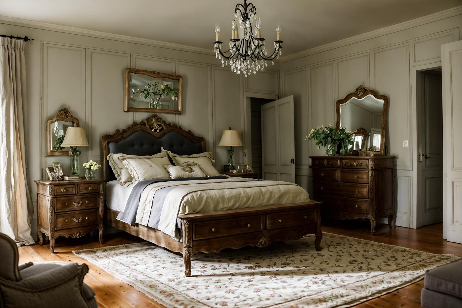 french country-style (bedroom interior) with dresser closet and bed and bedside table or night stand and plant and headboard and accent chair and storage bench or ottoman and mirror. . with . . cinematic photo, highly detailed, cinematic lighting, ultra-detailed, ultrarealistic, photorealism, 8k. french country interior design style. masterpiece, cinematic light, ultrarealistic+, photorealistic+, 8k, raw photo, realistic, sharp focus on eyes, (symmetrical eyes), (intact eyes), hyperrealistic, highest quality, best quality, , highly detailed, masterpiece, best quality, extremely detailed 8k wallpaper, masterpiece, best quality, ultra-detailed, best shadow, detailed background, detailed face, detailed eyes, high contrast, best illumination, detailed face, dulux, caustic, dynamic angle, detailed glow. dramatic lighting. highly detailed, insanely detailed hair, symmetrical, intricate details, professionally retouched, 8k high definition. strong bokeh. award winning photo.