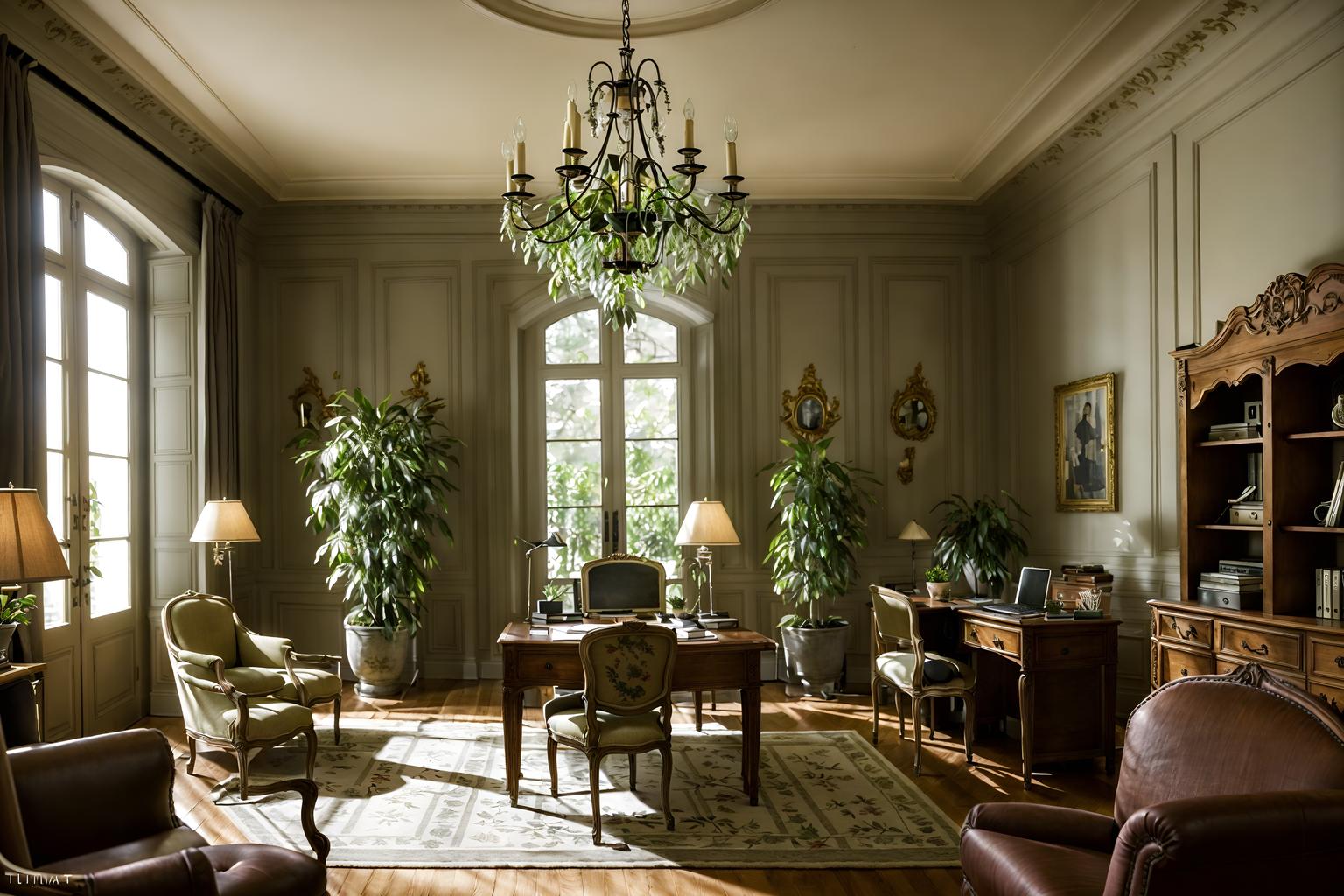 french country-style (office interior) with plants and computer desks and seating area with sofa and cabinets and office desks and office chairs and lounge chairs and desk lamps. . with . . cinematic photo, highly detailed, cinematic lighting, ultra-detailed, ultrarealistic, photorealism, 8k. french country interior design style. masterpiece, cinematic light, ultrarealistic+, photorealistic+, 8k, raw photo, realistic, sharp focus on eyes, (symmetrical eyes), (intact eyes), hyperrealistic, highest quality, best quality, , highly detailed, masterpiece, best quality, extremely detailed 8k wallpaper, masterpiece, best quality, ultra-detailed, best shadow, detailed background, detailed face, detailed eyes, high contrast, best illumination, detailed face, dulux, caustic, dynamic angle, detailed glow. dramatic lighting. highly detailed, insanely detailed hair, symmetrical, intricate details, professionally retouched, 8k high definition. strong bokeh. award winning photo.