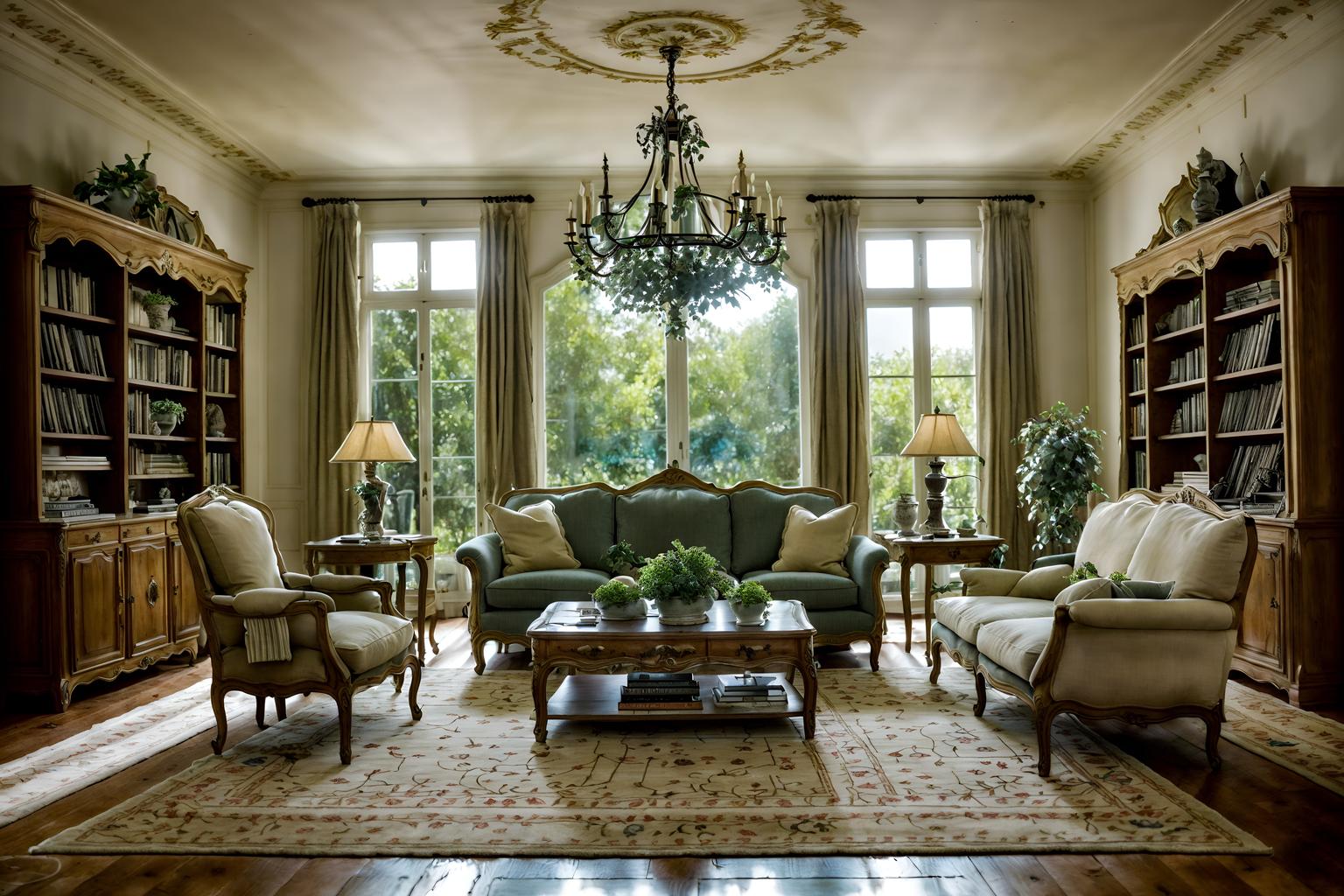 french country-style (living room interior) with occasional tables and plant and coffee tables and bookshelves and sofa and televisions and rug and chairs. . with . . cinematic photo, highly detailed, cinematic lighting, ultra-detailed, ultrarealistic, photorealism, 8k. french country interior design style. masterpiece, cinematic light, ultrarealistic+, photorealistic+, 8k, raw photo, realistic, sharp focus on eyes, (symmetrical eyes), (intact eyes), hyperrealistic, highest quality, best quality, , highly detailed, masterpiece, best quality, extremely detailed 8k wallpaper, masterpiece, best quality, ultra-detailed, best shadow, detailed background, detailed face, detailed eyes, high contrast, best illumination, detailed face, dulux, caustic, dynamic angle, detailed glow. dramatic lighting. highly detailed, insanely detailed hair, symmetrical, intricate details, professionally retouched, 8k high definition. strong bokeh. award winning photo.