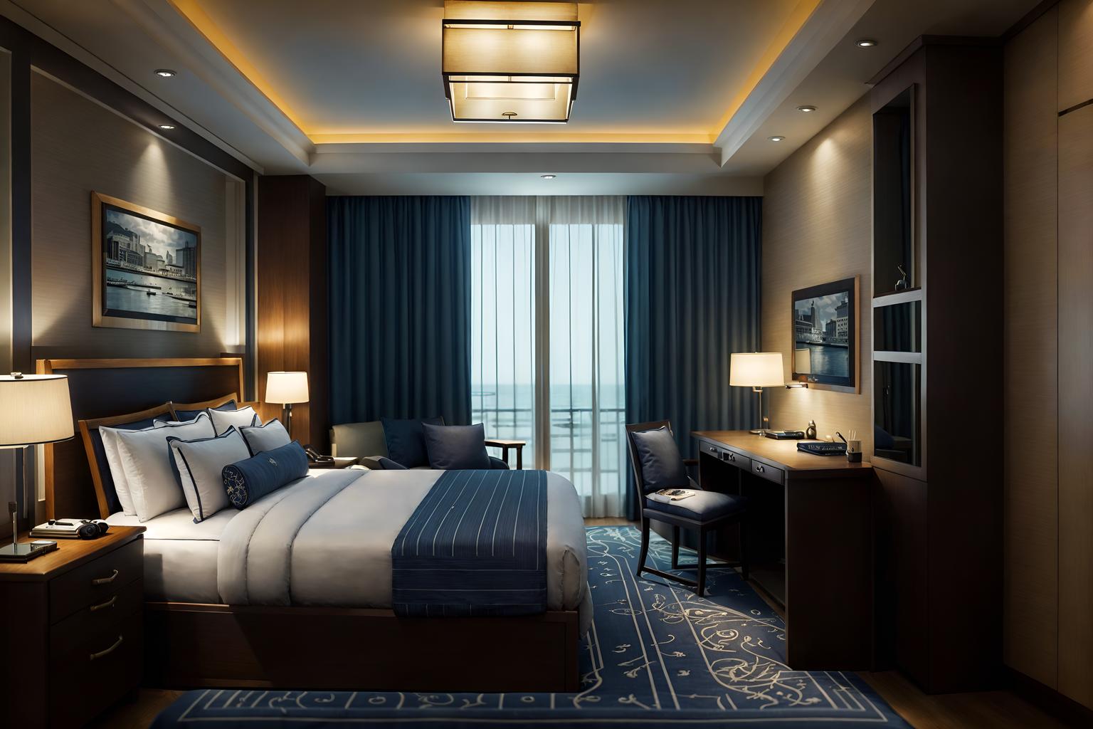 nautical-style (hotel room interior) with mirror and bed and storage bench or ottoman and bedside table or night stand and working desk with desk chair and night light and hotel bathroom and accent chair. . . cinematic photo, highly detailed, cinematic lighting, ultra-detailed, ultrarealistic, photorealism, 8k. nautical interior design style. masterpiece, cinematic light, ultrarealistic+, photorealistic+, 8k, raw photo, realistic, sharp focus on eyes, (symmetrical eyes), (intact eyes), hyperrealistic, highest quality, best quality, , highly detailed, masterpiece, best quality, extremely detailed 8k wallpaper, masterpiece, best quality, ultra-detailed, best shadow, detailed background, detailed face, detailed eyes, high contrast, best illumination, detailed face, dulux, caustic, dynamic angle, detailed glow. dramatic lighting. highly detailed, insanely detailed hair, symmetrical, intricate details, professionally retouched, 8k high definition. strong bokeh. award winning photo.