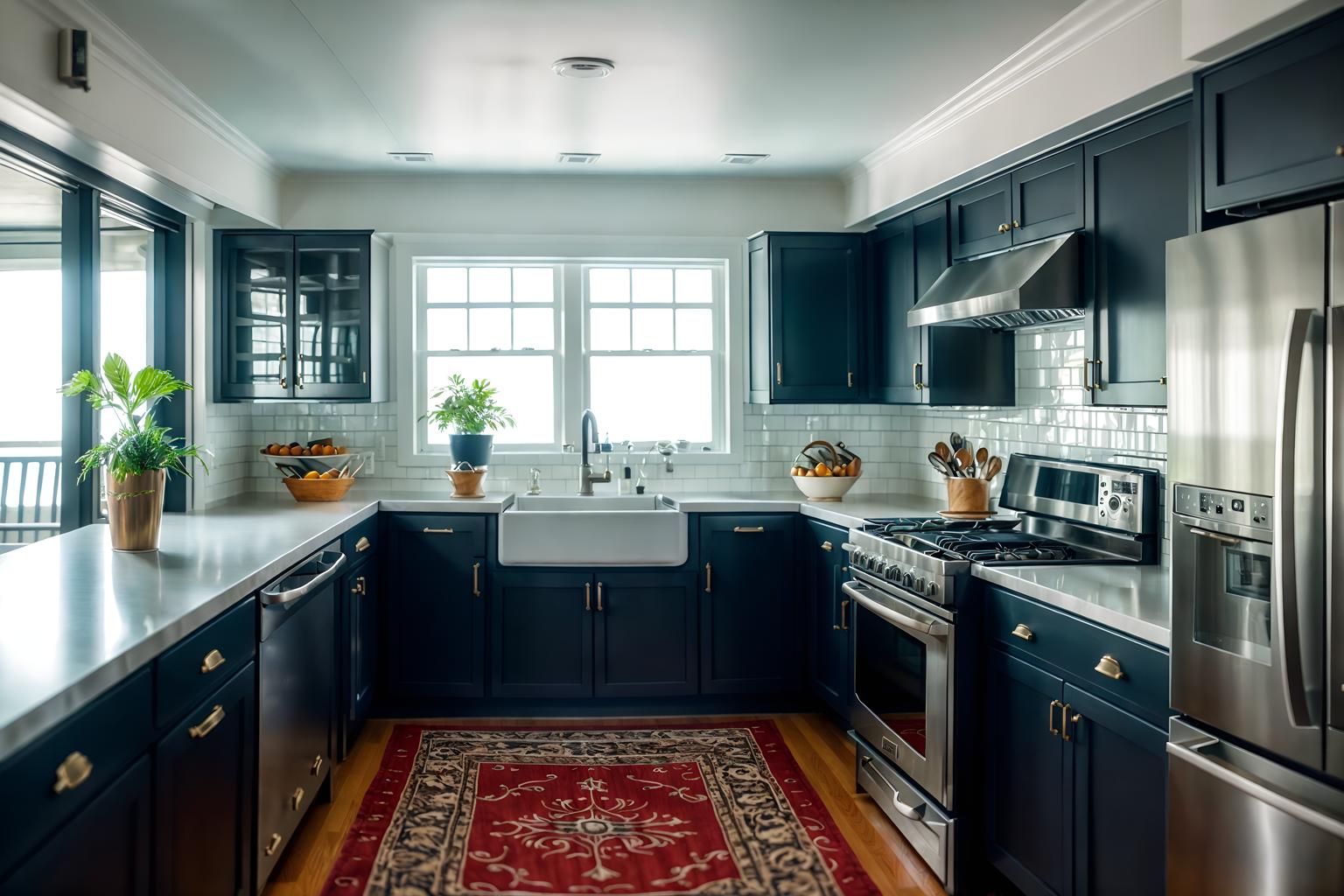 nautical-style (kitchen interior) with refrigerator and sink and plant and kitchen cabinets and worktops and stove and refrigerator. . . cinematic photo, highly detailed, cinematic lighting, ultra-detailed, ultrarealistic, photorealism, 8k. nautical interior design style. masterpiece, cinematic light, ultrarealistic+, photorealistic+, 8k, raw photo, realistic, sharp focus on eyes, (symmetrical eyes), (intact eyes), hyperrealistic, highest quality, best quality, , highly detailed, masterpiece, best quality, extremely detailed 8k wallpaper, masterpiece, best quality, ultra-detailed, best shadow, detailed background, detailed face, detailed eyes, high contrast, best illumination, detailed face, dulux, caustic, dynamic angle, detailed glow. dramatic lighting. highly detailed, insanely detailed hair, symmetrical, intricate details, professionally retouched, 8k high definition. strong bokeh. award winning photo.