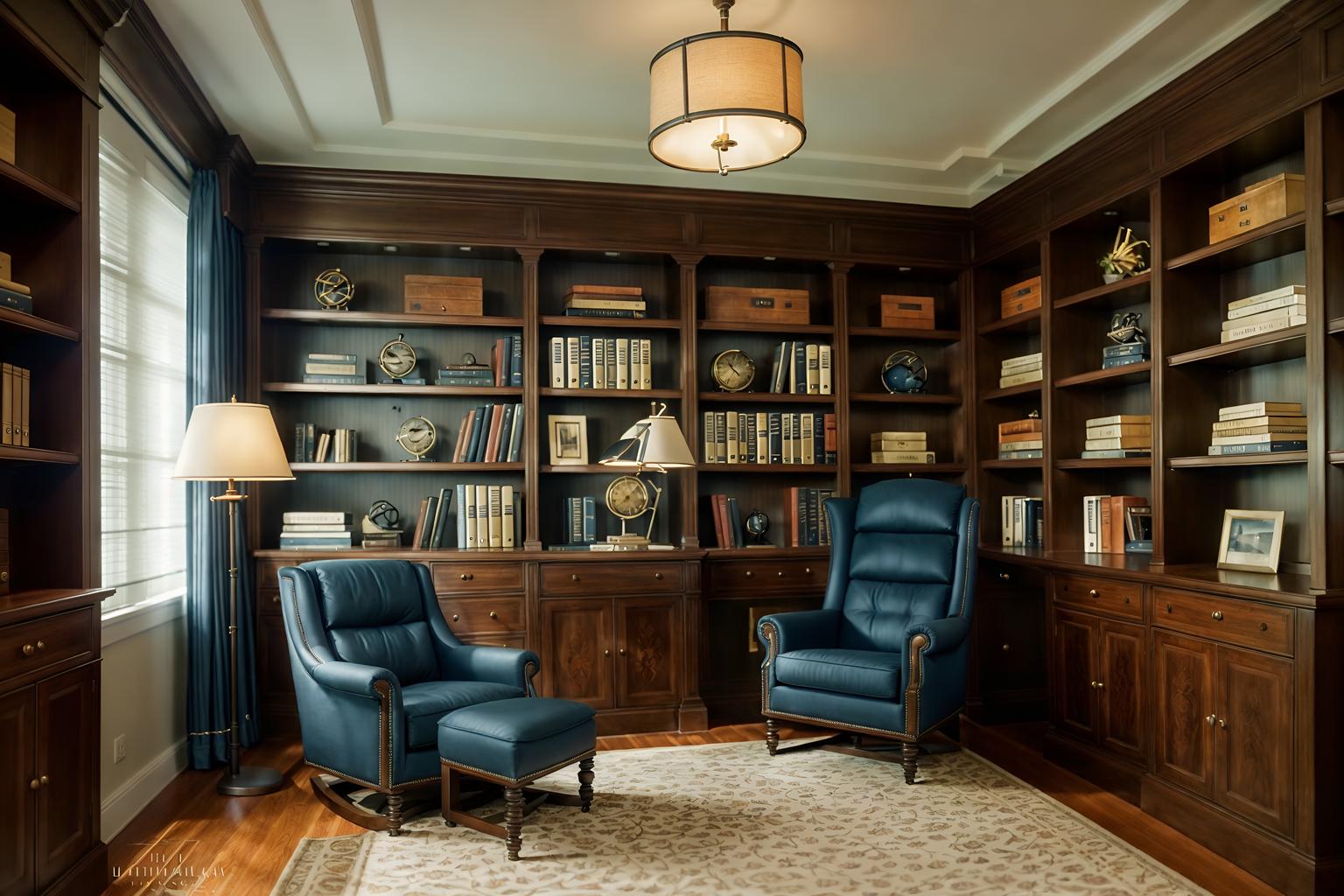 nautical-style (study room interior) with bookshelves and lounge chair and desk lamp and office chair and writing desk and plant and cabinets and bookshelves. . . cinematic photo, highly detailed, cinematic lighting, ultra-detailed, ultrarealistic, photorealism, 8k. nautical interior design style. masterpiece, cinematic light, ultrarealistic+, photorealistic+, 8k, raw photo, realistic, sharp focus on eyes, (symmetrical eyes), (intact eyes), hyperrealistic, highest quality, best quality, , highly detailed, masterpiece, best quality, extremely detailed 8k wallpaper, masterpiece, best quality, ultra-detailed, best shadow, detailed background, detailed face, detailed eyes, high contrast, best illumination, detailed face, dulux, caustic, dynamic angle, detailed glow. dramatic lighting. highly detailed, insanely detailed hair, symmetrical, intricate details, professionally retouched, 8k high definition. strong bokeh. award winning photo.