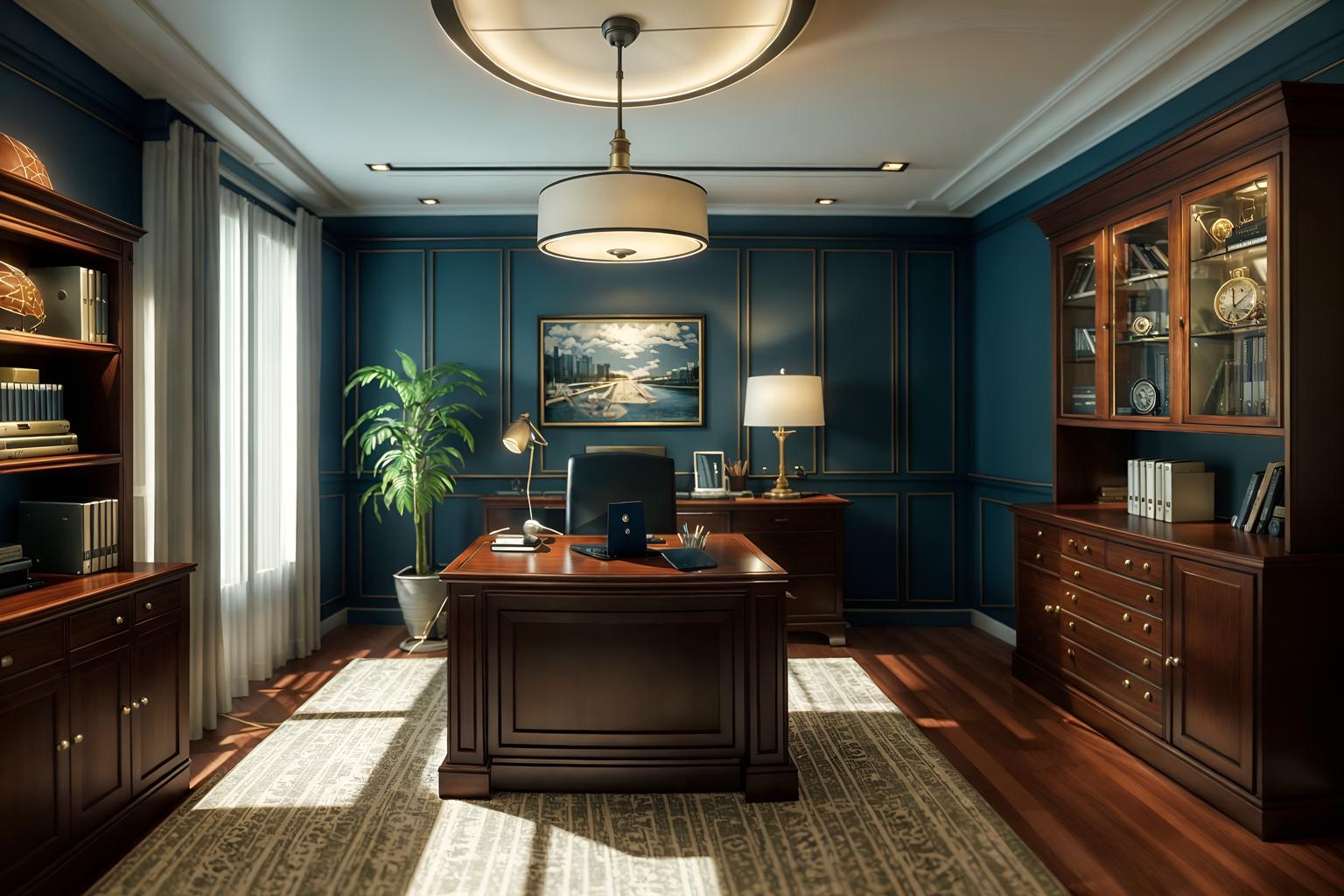 nautical-style (home office interior) with office chair and plant and cabinets and desk lamp and computer desk and office chair. . . cinematic photo, highly detailed, cinematic lighting, ultra-detailed, ultrarealistic, photorealism, 8k. nautical interior design style. masterpiece, cinematic light, ultrarealistic+, photorealistic+, 8k, raw photo, realistic, sharp focus on eyes, (symmetrical eyes), (intact eyes), hyperrealistic, highest quality, best quality, , highly detailed, masterpiece, best quality, extremely detailed 8k wallpaper, masterpiece, best quality, ultra-detailed, best shadow, detailed background, detailed face, detailed eyes, high contrast, best illumination, detailed face, dulux, caustic, dynamic angle, detailed glow. dramatic lighting. highly detailed, insanely detailed hair, symmetrical, intricate details, professionally retouched, 8k high definition. strong bokeh. award winning photo.