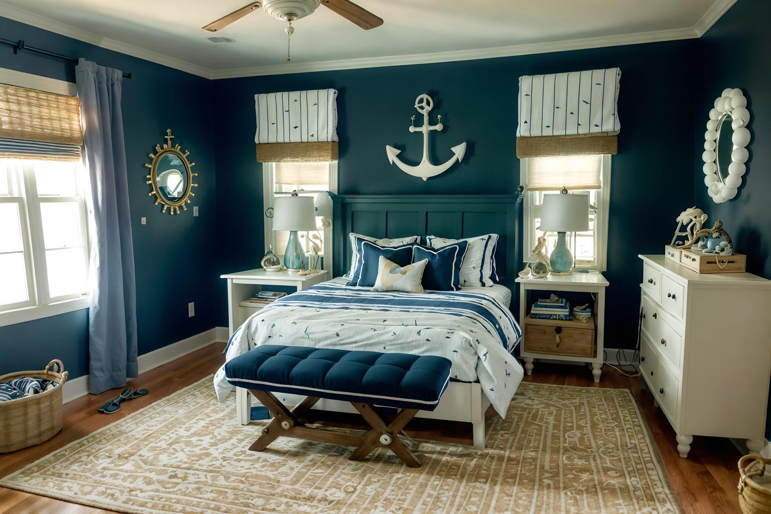 nautical-style (kids room interior) with bed and bedside table or night stand and accent chair and storage bench or ottoman and mirror and headboard and dresser closet and night light. . . cinematic photo, highly detailed, cinematic lighting, ultra-detailed, ultrarealistic, photorealism, 8k. nautical interior design style. masterpiece, cinematic light, ultrarealistic+, photorealistic+, 8k, raw photo, realistic, sharp focus on eyes, (symmetrical eyes), (intact eyes), hyperrealistic, highest quality, best quality, , highly detailed, masterpiece, best quality, extremely detailed 8k wallpaper, masterpiece, best quality, ultra-detailed, best shadow, detailed background, detailed face, detailed eyes, high contrast, best illumination, detailed face, dulux, caustic, dynamic angle, detailed glow. dramatic lighting. highly detailed, insanely detailed hair, symmetrical, intricate details, professionally retouched, 8k high definition. strong bokeh. award winning photo.