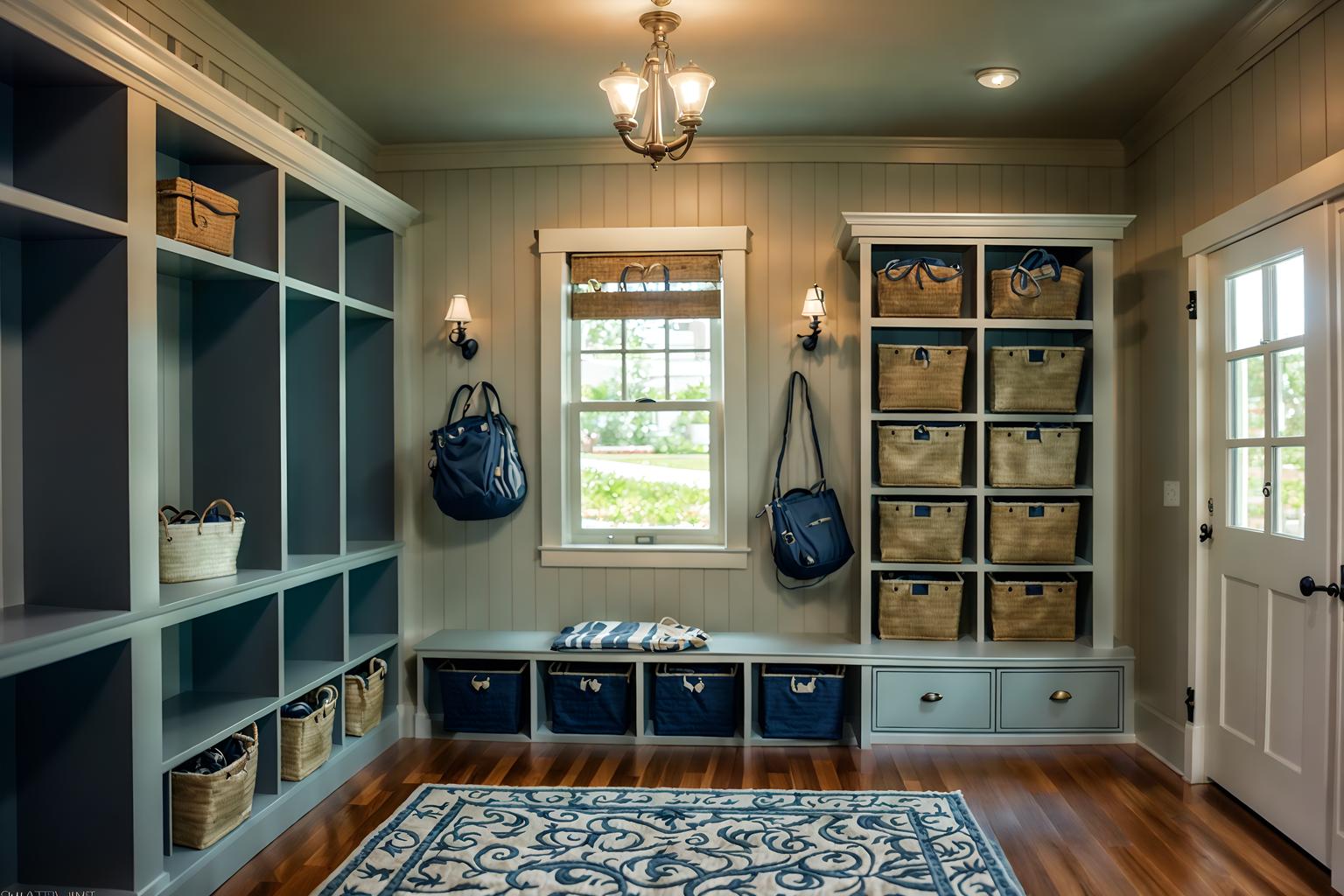 nautical-style (mudroom interior) with storage drawers and cubbies and wall hooks for coats and a bench and storage baskets and cabinets and shelves for shoes and high up storage. . . cinematic photo, highly detailed, cinematic lighting, ultra-detailed, ultrarealistic, photorealism, 8k. nautical interior design style. masterpiece, cinematic light, ultrarealistic+, photorealistic+, 8k, raw photo, realistic, sharp focus on eyes, (symmetrical eyes), (intact eyes), hyperrealistic, highest quality, best quality, , highly detailed, masterpiece, best quality, extremely detailed 8k wallpaper, masterpiece, best quality, ultra-detailed, best shadow, detailed background, detailed face, detailed eyes, high contrast, best illumination, detailed face, dulux, caustic, dynamic angle, detailed glow. dramatic lighting. highly detailed, insanely detailed hair, symmetrical, intricate details, professionally retouched, 8k high definition. strong bokeh. award winning photo.