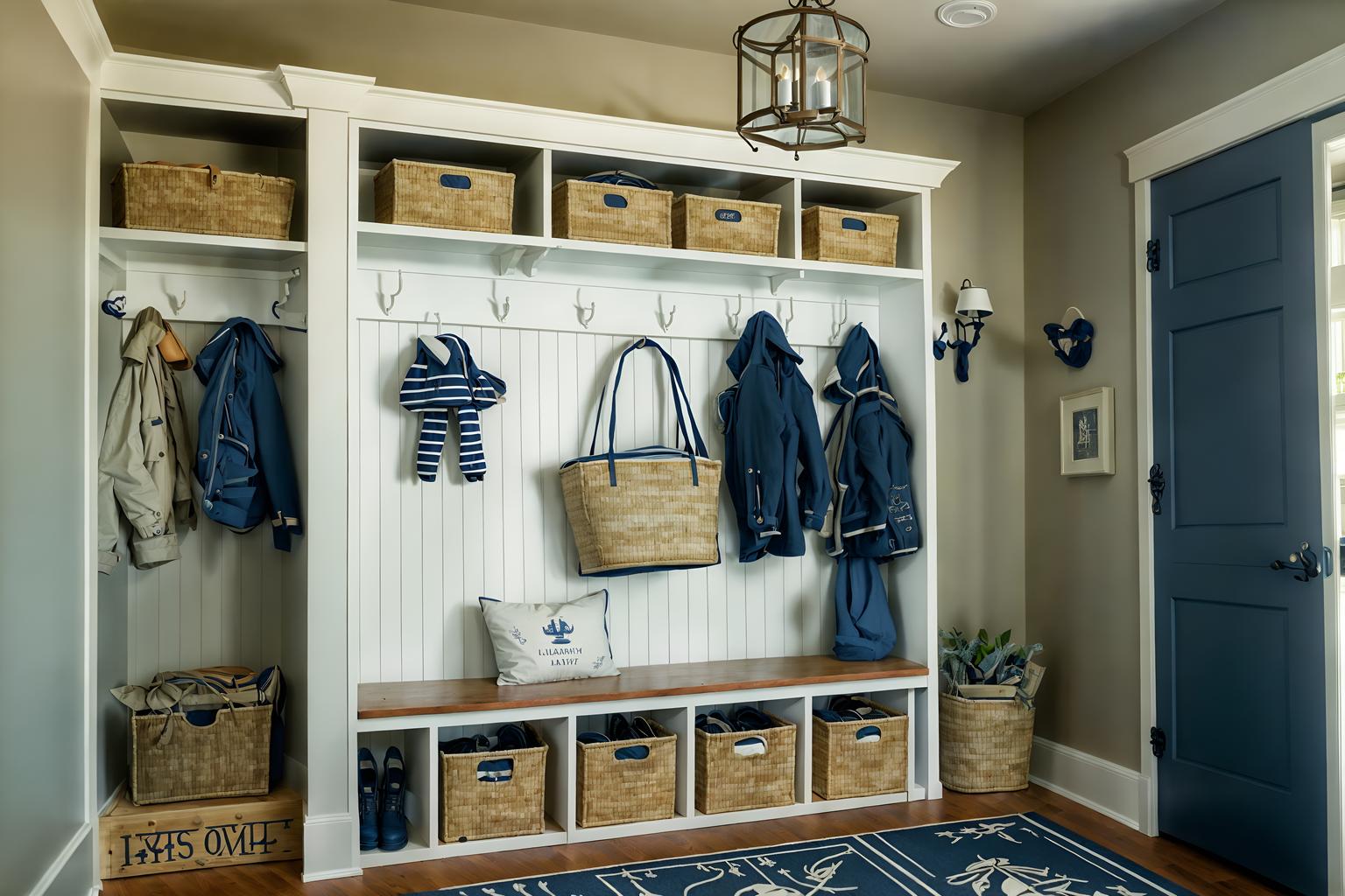 nautical-style (mudroom interior) with storage drawers and cubbies and wall hooks for coats and a bench and storage baskets and cabinets and shelves for shoes and high up storage. . . cinematic photo, highly detailed, cinematic lighting, ultra-detailed, ultrarealistic, photorealism, 8k. nautical interior design style. masterpiece, cinematic light, ultrarealistic+, photorealistic+, 8k, raw photo, realistic, sharp focus on eyes, (symmetrical eyes), (intact eyes), hyperrealistic, highest quality, best quality, , highly detailed, masterpiece, best quality, extremely detailed 8k wallpaper, masterpiece, best quality, ultra-detailed, best shadow, detailed background, detailed face, detailed eyes, high contrast, best illumination, detailed face, dulux, caustic, dynamic angle, detailed glow. dramatic lighting. highly detailed, insanely detailed hair, symmetrical, intricate details, professionally retouched, 8k high definition. strong bokeh. award winning photo.