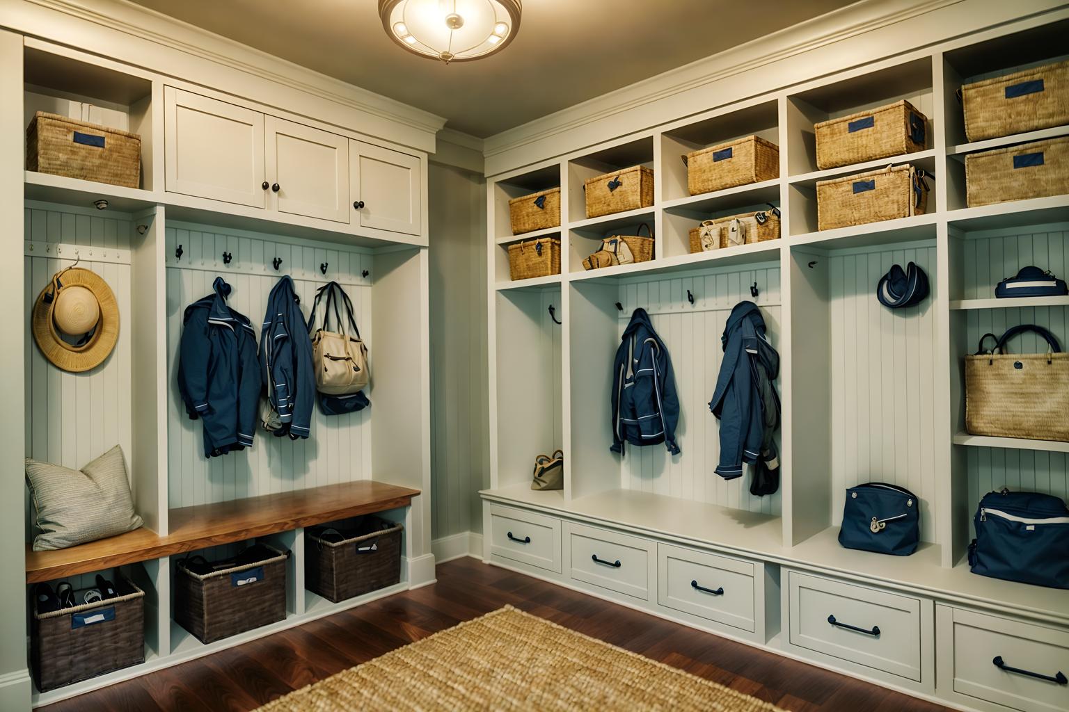 nautical-style (mudroom interior) with storage drawers and cubbies and wall hooks for coats and a bench and storage baskets and cabinets and shelves for shoes and high up storage. . . cinematic photo, highly detailed, cinematic lighting, ultra-detailed, ultrarealistic, photorealism, 8k. nautical interior design style. masterpiece, cinematic light, ultrarealistic+, photorealistic+, 8k, raw photo, realistic, sharp focus on eyes, (symmetrical eyes), (intact eyes), hyperrealistic, highest quality, best quality, , highly detailed, masterpiece, best quality, extremely detailed 8k wallpaper, masterpiece, best quality, ultra-detailed, best shadow, detailed background, detailed face, detailed eyes, high contrast, best illumination, detailed face, dulux, caustic, dynamic angle, detailed glow. dramatic lighting. highly detailed, insanely detailed hair, symmetrical, intricate details, professionally retouched, 8k high definition. strong bokeh. award winning photo.