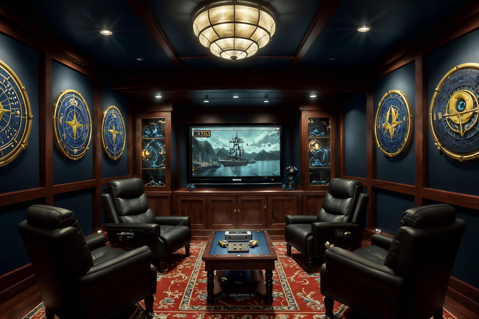 nautical-style (gaming room interior) . . cinematic photo, highly detailed, cinematic lighting, ultra-detailed, ultrarealistic, photorealism, 8k. nautical interior design style. masterpiece, cinematic light, ultrarealistic+, photorealistic+, 8k, raw photo, realistic, sharp focus on eyes, (symmetrical eyes), (intact eyes), hyperrealistic, highest quality, best quality, , highly detailed, masterpiece, best quality, extremely detailed 8k wallpaper, masterpiece, best quality, ultra-detailed, best shadow, detailed background, detailed face, detailed eyes, high contrast, best illumination, detailed face, dulux, caustic, dynamic angle, detailed glow. dramatic lighting. highly detailed, insanely detailed hair, symmetrical, intricate details, professionally retouched, 8k high definition. strong bokeh. award winning photo.