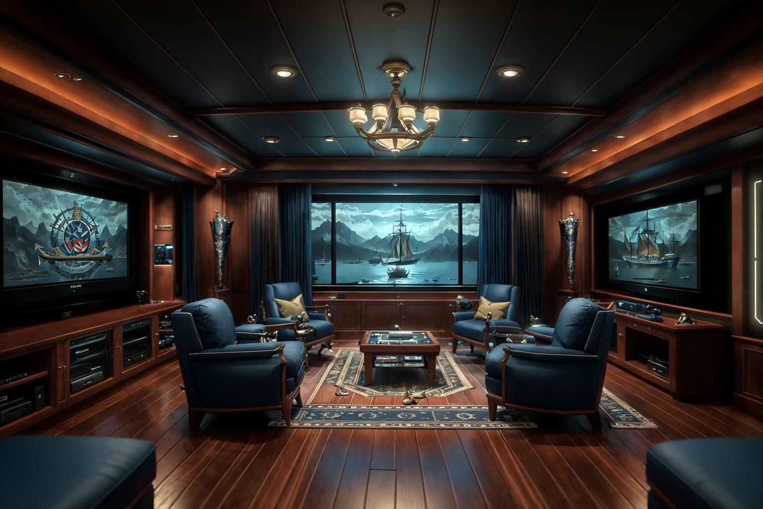 nautical-style (gaming room interior) . . cinematic photo, highly detailed, cinematic lighting, ultra-detailed, ultrarealistic, photorealism, 8k. nautical interior design style. masterpiece, cinematic light, ultrarealistic+, photorealistic+, 8k, raw photo, realistic, sharp focus on eyes, (symmetrical eyes), (intact eyes), hyperrealistic, highest quality, best quality, , highly detailed, masterpiece, best quality, extremely detailed 8k wallpaper, masterpiece, best quality, ultra-detailed, best shadow, detailed background, detailed face, detailed eyes, high contrast, best illumination, detailed face, dulux, caustic, dynamic angle, detailed glow. dramatic lighting. highly detailed, insanely detailed hair, symmetrical, intricate details, professionally retouched, 8k high definition. strong bokeh. award winning photo.