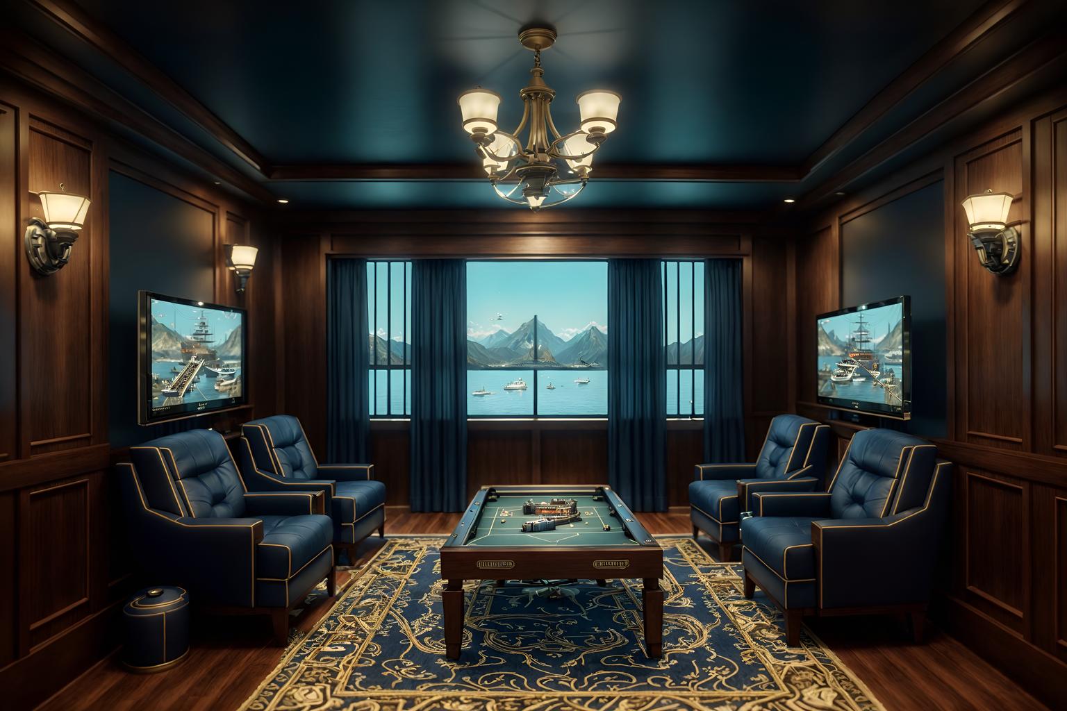 nautical-style (gaming room interior) . . cinematic photo, highly detailed, cinematic lighting, ultra-detailed, ultrarealistic, photorealism, 8k. nautical interior design style. masterpiece, cinematic light, ultrarealistic+, photorealistic+, 8k, raw photo, realistic, sharp focus on eyes, (symmetrical eyes), (intact eyes), hyperrealistic, highest quality, best quality, , highly detailed, masterpiece, best quality, extremely detailed 8k wallpaper, masterpiece, best quality, ultra-detailed, best shadow, detailed background, detailed face, detailed eyes, high contrast, best illumination, detailed face, dulux, caustic, dynamic angle, detailed glow. dramatic lighting. highly detailed, insanely detailed hair, symmetrical, intricate details, professionally retouched, 8k high definition. strong bokeh. award winning photo.