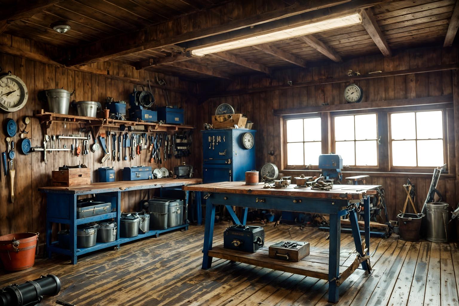 nautical-style (workshop interior) with wooden workbench and tool wall and messy and wooden workbench. . . cinematic photo, highly detailed, cinematic lighting, ultra-detailed, ultrarealistic, photorealism, 8k. nautical interior design style. masterpiece, cinematic light, ultrarealistic+, photorealistic+, 8k, raw photo, realistic, sharp focus on eyes, (symmetrical eyes), (intact eyes), hyperrealistic, highest quality, best quality, , highly detailed, masterpiece, best quality, extremely detailed 8k wallpaper, masterpiece, best quality, ultra-detailed, best shadow, detailed background, detailed face, detailed eyes, high contrast, best illumination, detailed face, dulux, caustic, dynamic angle, detailed glow. dramatic lighting. highly detailed, insanely detailed hair, symmetrical, intricate details, professionally retouched, 8k high definition. strong bokeh. award winning photo.