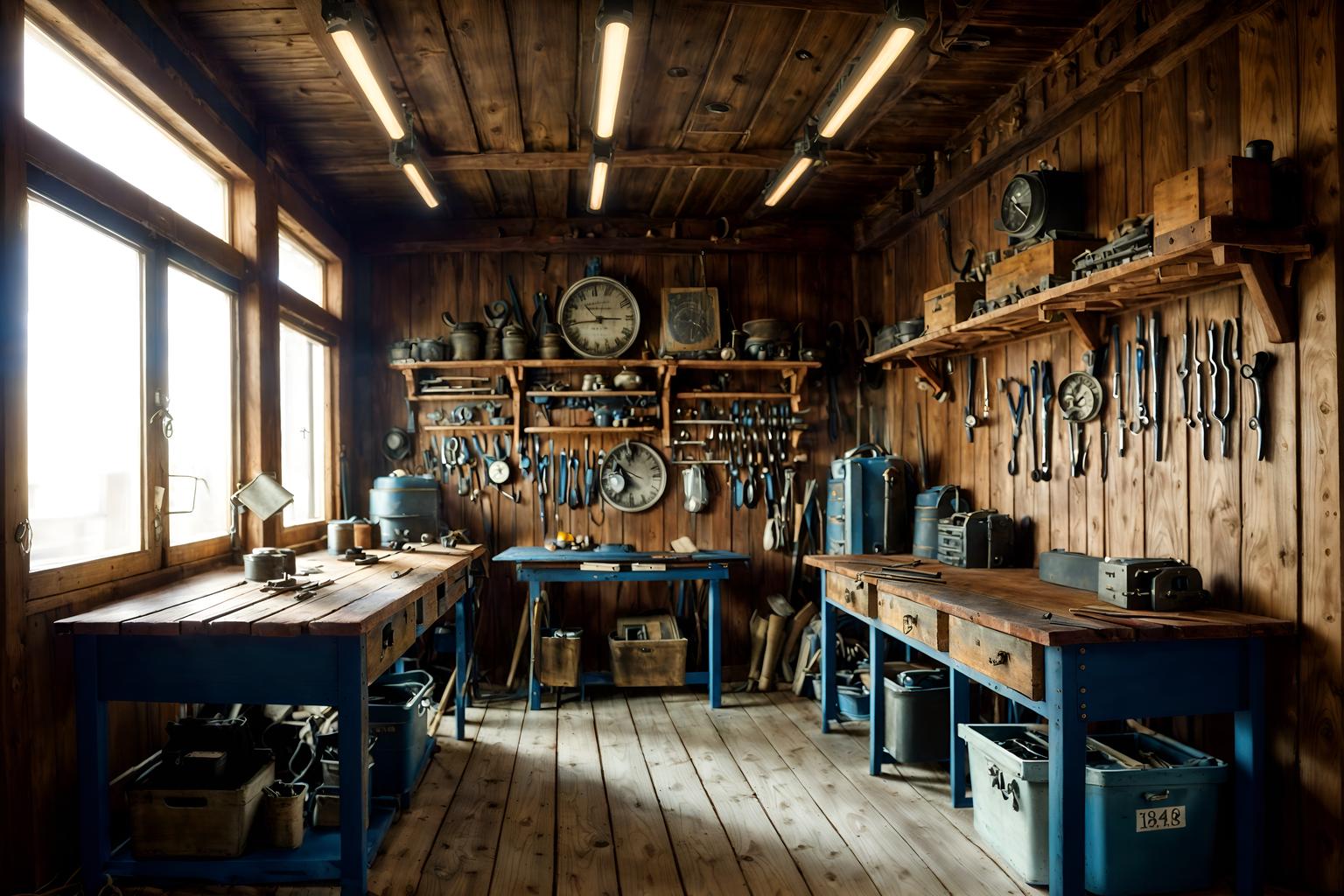 nautical-style (workshop interior) with wooden workbench and tool wall and messy and wooden workbench. . . cinematic photo, highly detailed, cinematic lighting, ultra-detailed, ultrarealistic, photorealism, 8k. nautical interior design style. masterpiece, cinematic light, ultrarealistic+, photorealistic+, 8k, raw photo, realistic, sharp focus on eyes, (symmetrical eyes), (intact eyes), hyperrealistic, highest quality, best quality, , highly detailed, masterpiece, best quality, extremely detailed 8k wallpaper, masterpiece, best quality, ultra-detailed, best shadow, detailed background, detailed face, detailed eyes, high contrast, best illumination, detailed face, dulux, caustic, dynamic angle, detailed glow. dramatic lighting. highly detailed, insanely detailed hair, symmetrical, intricate details, professionally retouched, 8k high definition. strong bokeh. award winning photo.