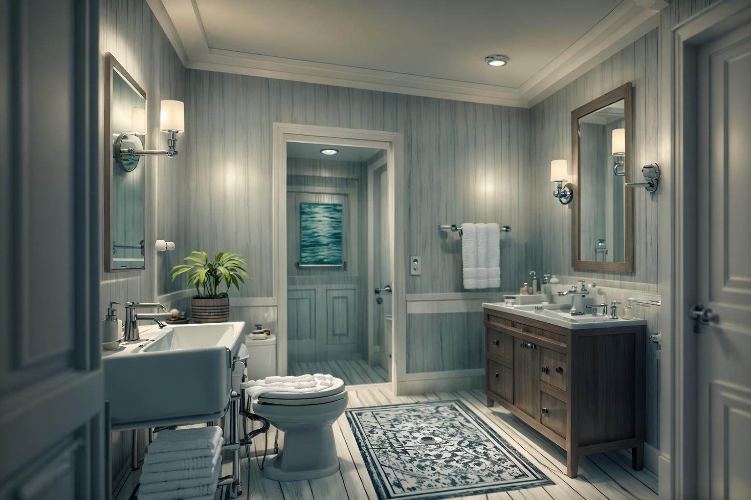 nautical-style (hotel bathroom interior) with bath towel and toilet seat and bathroom sink with faucet and bathroom cabinet and plant and shower and bath rail and bathtub. . . cinematic photo, highly detailed, cinematic lighting, ultra-detailed, ultrarealistic, photorealism, 8k. nautical interior design style. masterpiece, cinematic light, ultrarealistic+, photorealistic+, 8k, raw photo, realistic, sharp focus on eyes, (symmetrical eyes), (intact eyes), hyperrealistic, highest quality, best quality, , highly detailed, masterpiece, best quality, extremely detailed 8k wallpaper, masterpiece, best quality, ultra-detailed, best shadow, detailed background, detailed face, detailed eyes, high contrast, best illumination, detailed face, dulux, caustic, dynamic angle, detailed glow. dramatic lighting. highly detailed, insanely detailed hair, symmetrical, intricate details, professionally retouched, 8k high definition. strong bokeh. award winning photo.