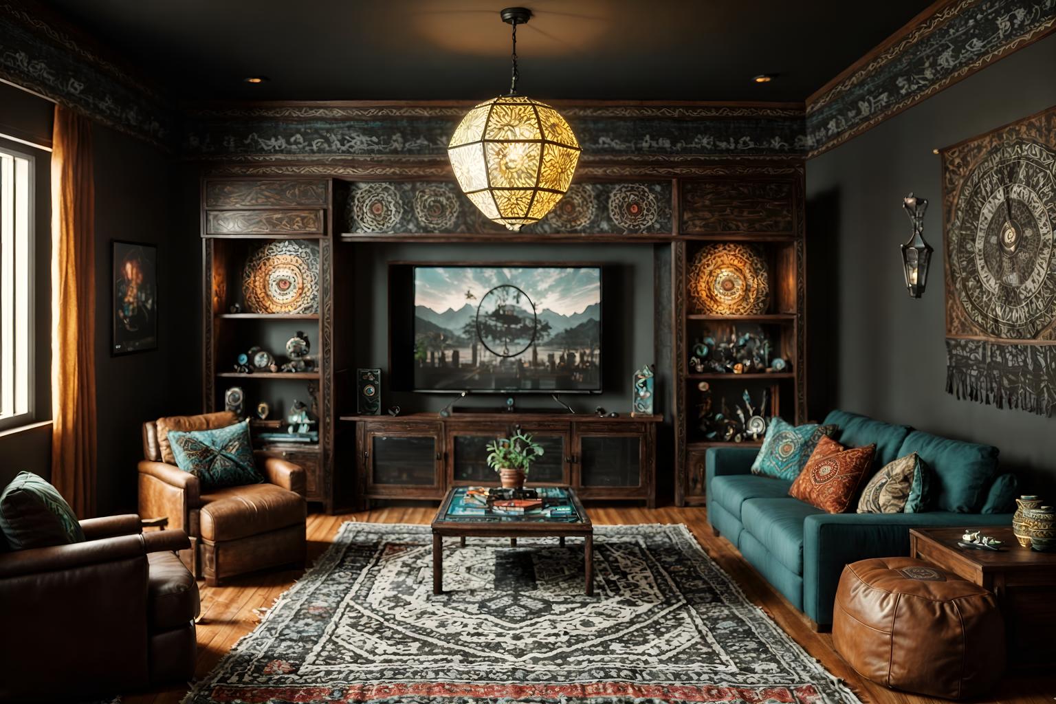 boho-chic-style (gaming room interior) . . cinematic photo, highly detailed, cinematic lighting, ultra-detailed, ultrarealistic, photorealism, 8k. boho-chic interior design style. masterpiece, cinematic light, ultrarealistic+, photorealistic+, 8k, raw photo, realistic, sharp focus on eyes, (symmetrical eyes), (intact eyes), hyperrealistic, highest quality, best quality, , highly detailed, masterpiece, best quality, extremely detailed 8k wallpaper, masterpiece, best quality, ultra-detailed, best shadow, detailed background, detailed face, detailed eyes, high contrast, best illumination, detailed face, dulux, caustic, dynamic angle, detailed glow. dramatic lighting. highly detailed, insanely detailed hair, symmetrical, intricate details, professionally retouched, 8k high definition. strong bokeh. award winning photo.