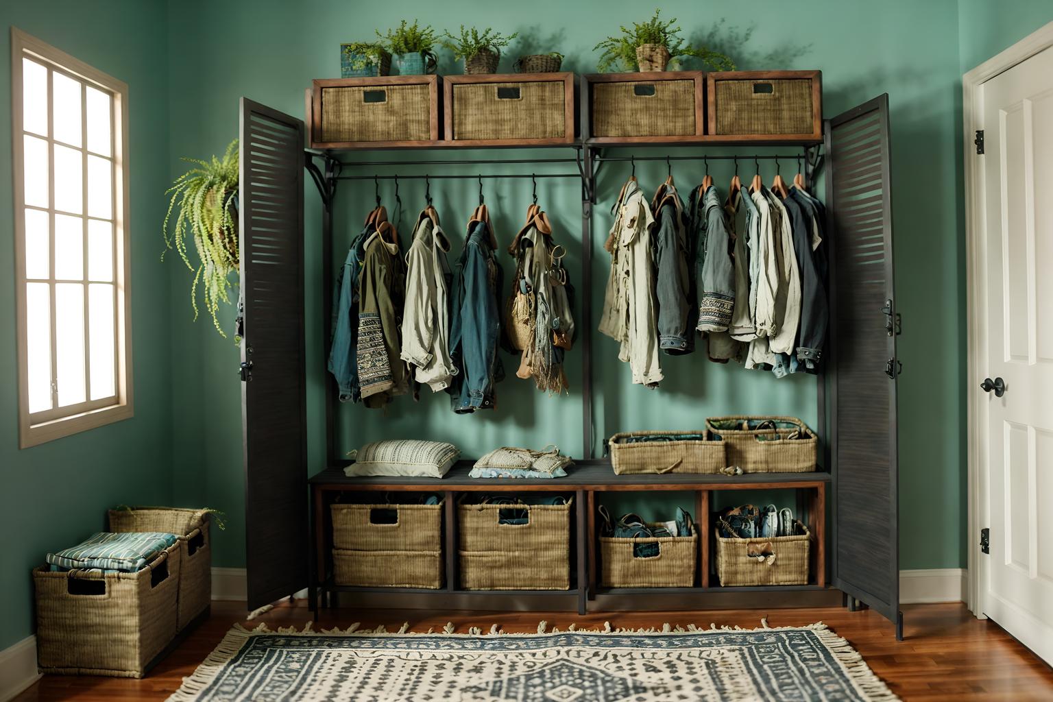 boho-chic-style (drop zone interior) with lockers and storage baskets and cubbies and a bench and storage drawers and high up storage and cabinets and wall hooks for coats. . . cinematic photo, highly detailed, cinematic lighting, ultra-detailed, ultrarealistic, photorealism, 8k. boho-chic interior design style. masterpiece, cinematic light, ultrarealistic+, photorealistic+, 8k, raw photo, realistic, sharp focus on eyes, (symmetrical eyes), (intact eyes), hyperrealistic, highest quality, best quality, , highly detailed, masterpiece, best quality, extremely detailed 8k wallpaper, masterpiece, best quality, ultra-detailed, best shadow, detailed background, detailed face, detailed eyes, high contrast, best illumination, detailed face, dulux, caustic, dynamic angle, detailed glow. dramatic lighting. highly detailed, insanely detailed hair, symmetrical, intricate details, professionally retouched, 8k high definition. strong bokeh. award winning photo.