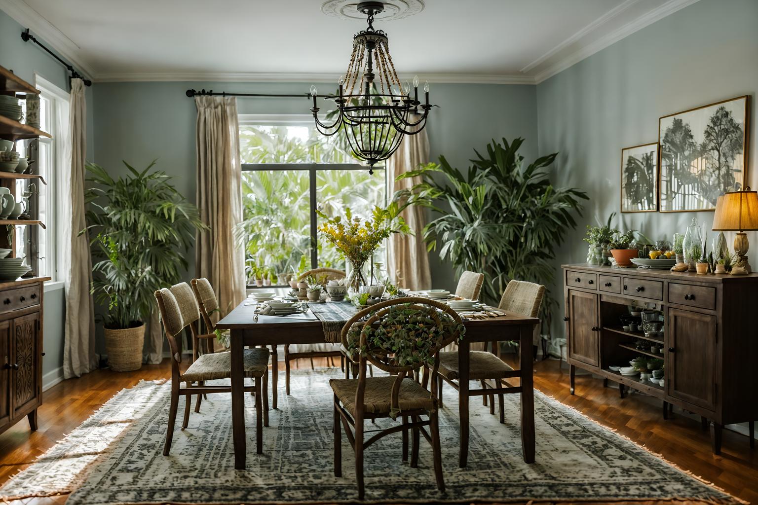 boho-chic-style (dining room interior) with dining table and plant and dining table chairs and painting or photo on wall and bookshelves and plates, cutlery and glasses on dining table and light or chandelier and table cloth. . . cinematic photo, highly detailed, cinematic lighting, ultra-detailed, ultrarealistic, photorealism, 8k. boho-chic interior design style. masterpiece, cinematic light, ultrarealistic+, photorealistic+, 8k, raw photo, realistic, sharp focus on eyes, (symmetrical eyes), (intact eyes), hyperrealistic, highest quality, best quality, , highly detailed, masterpiece, best quality, extremely detailed 8k wallpaper, masterpiece, best quality, ultra-detailed, best shadow, detailed background, detailed face, detailed eyes, high contrast, best illumination, detailed face, dulux, caustic, dynamic angle, detailed glow. dramatic lighting. highly detailed, insanely detailed hair, symmetrical, intricate details, professionally retouched, 8k high definition. strong bokeh. award winning photo.