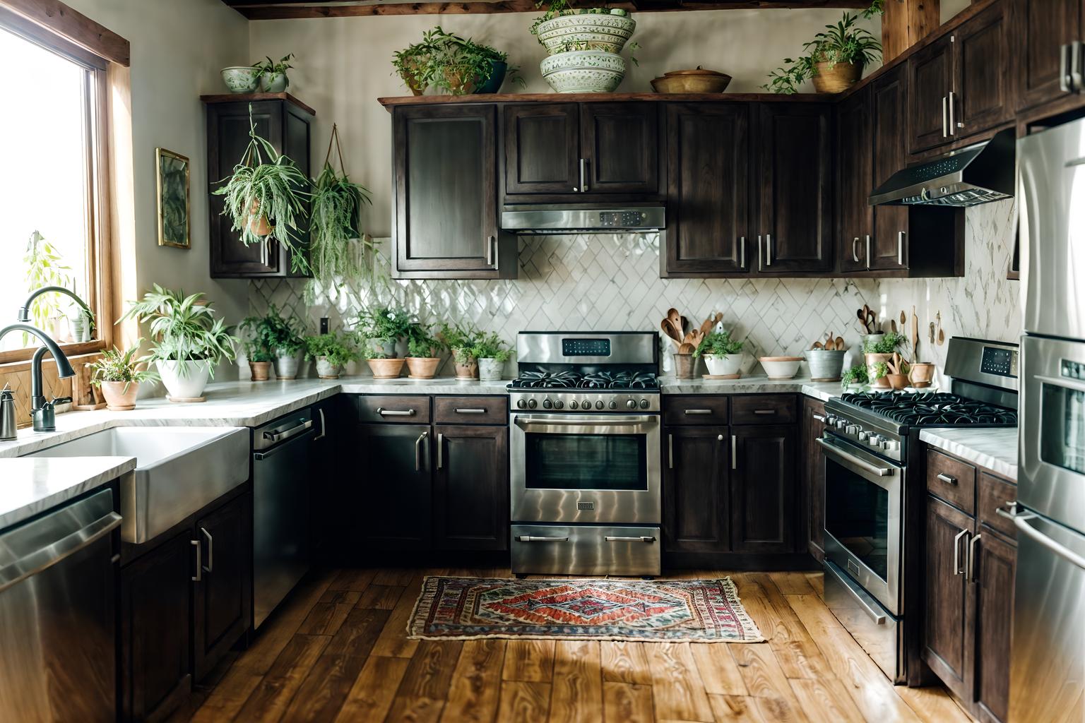 boho-chic-style (kitchen interior) with worktops and stove and kitchen cabinets and plant and sink and refrigerator and worktops. . . cinematic photo, highly detailed, cinematic lighting, ultra-detailed, ultrarealistic, photorealism, 8k. boho-chic interior design style. masterpiece, cinematic light, ultrarealistic+, photorealistic+, 8k, raw photo, realistic, sharp focus on eyes, (symmetrical eyes), (intact eyes), hyperrealistic, highest quality, best quality, , highly detailed, masterpiece, best quality, extremely detailed 8k wallpaper, masterpiece, best quality, ultra-detailed, best shadow, detailed background, detailed face, detailed eyes, high contrast, best illumination, detailed face, dulux, caustic, dynamic angle, detailed glow. dramatic lighting. highly detailed, insanely detailed hair, symmetrical, intricate details, professionally retouched, 8k high definition. strong bokeh. award winning photo.